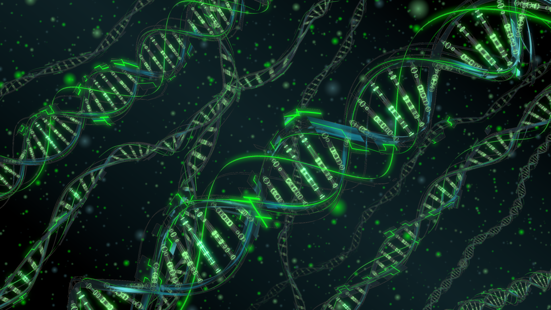 Abstract 3D CGI DNA strands with green digital elements HD Wallpaper
