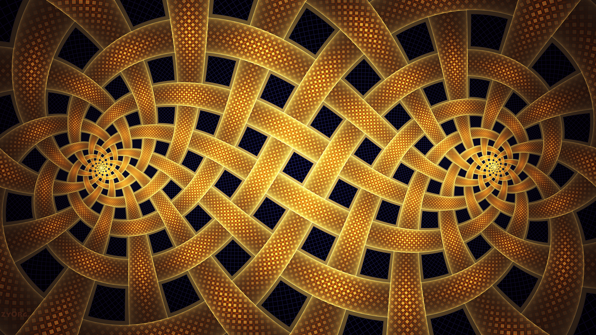 Abstract gold fractal spiral with square patterns HD Wallpaper