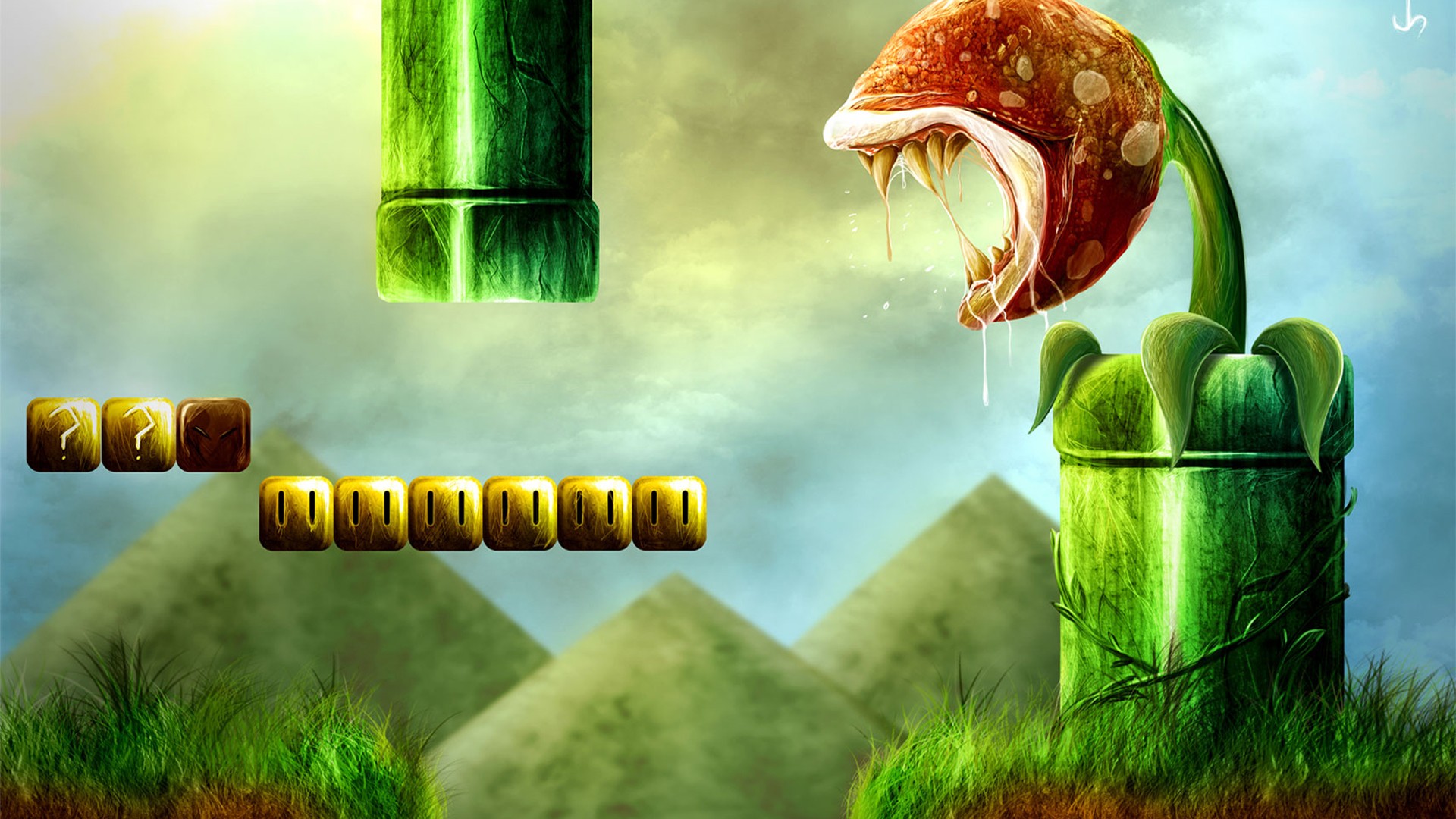 Super Mario Bros. Piranha Plant and Question Blocks HD Wallpaper