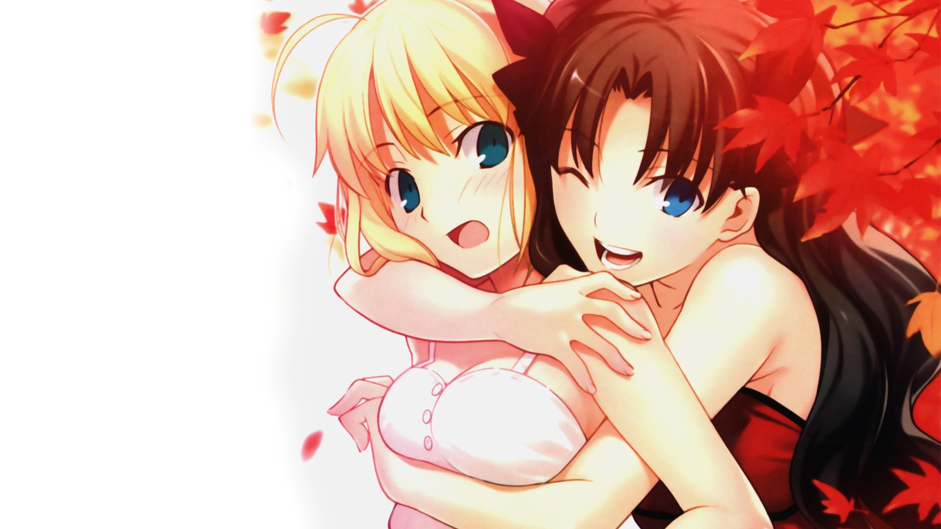 Saber and Rin Tohsaka hugging HD Wallpaper