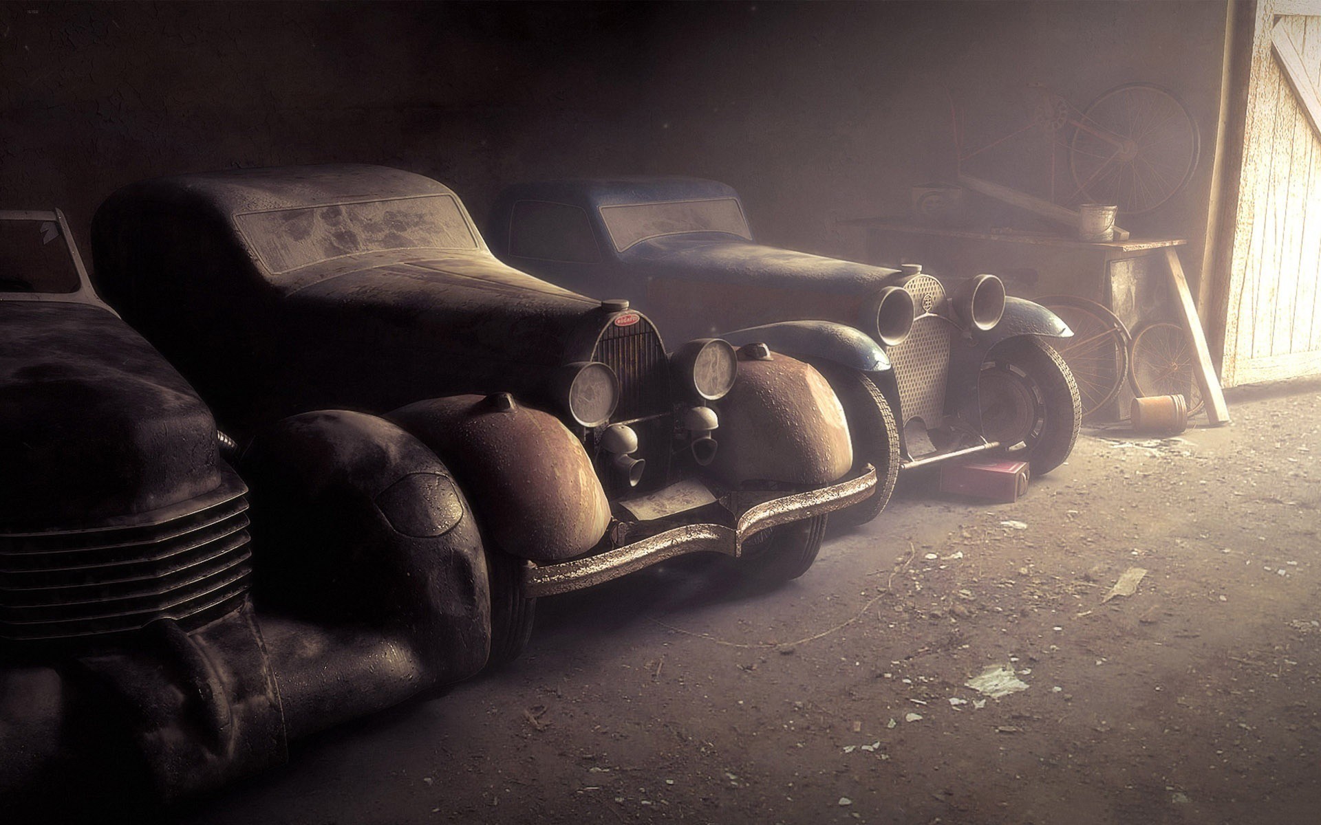 Dusty vintage Bugatti cars in a dimly lit garage HD Wallpaper