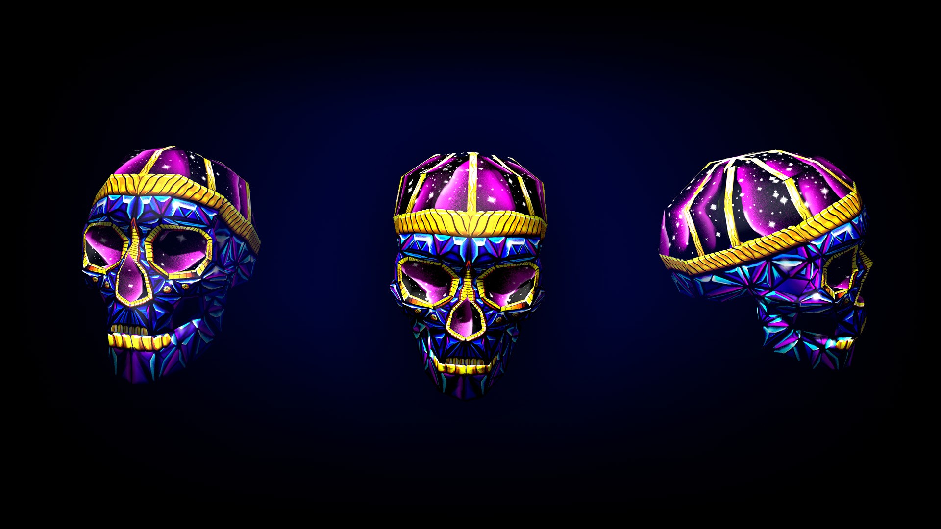 Three low poly skulls with geometric patterns and starry designs HD Wallpaper