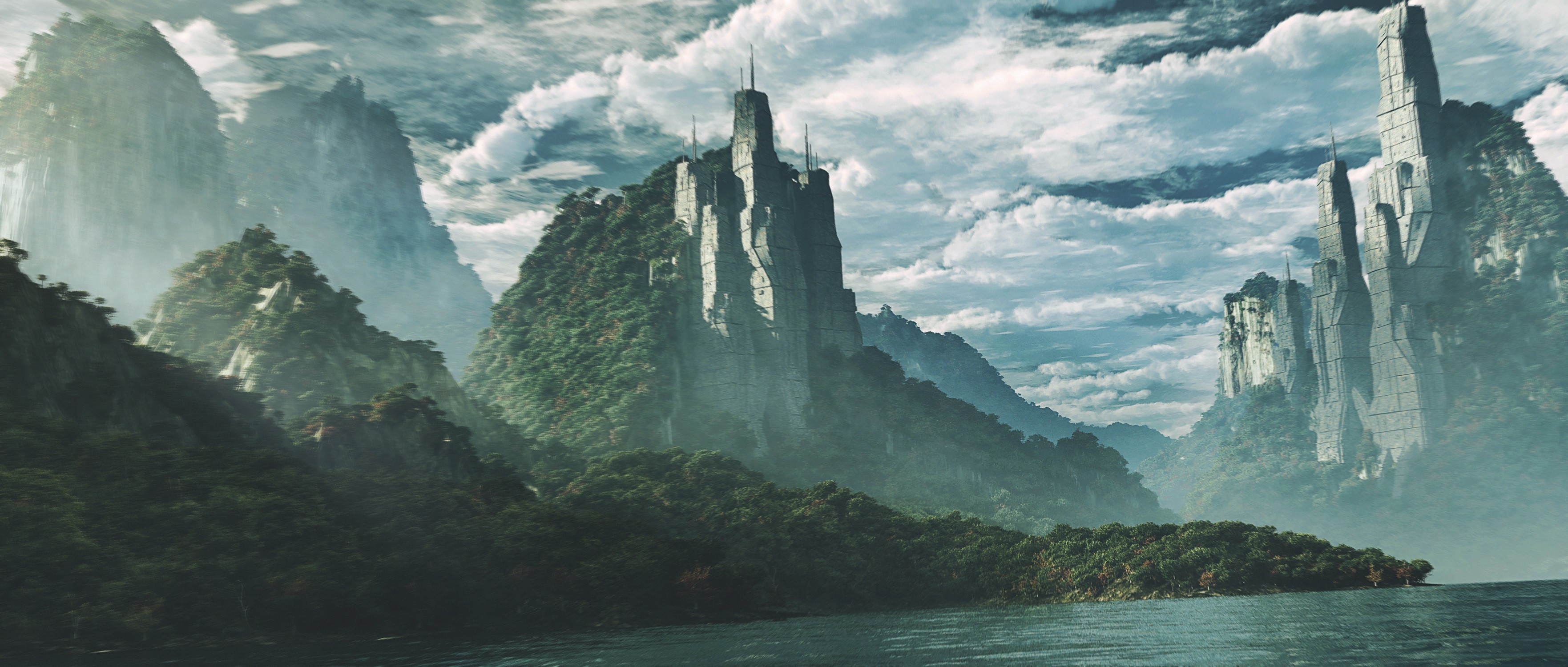 Fantasy art of mountains and water HD Wallpaper