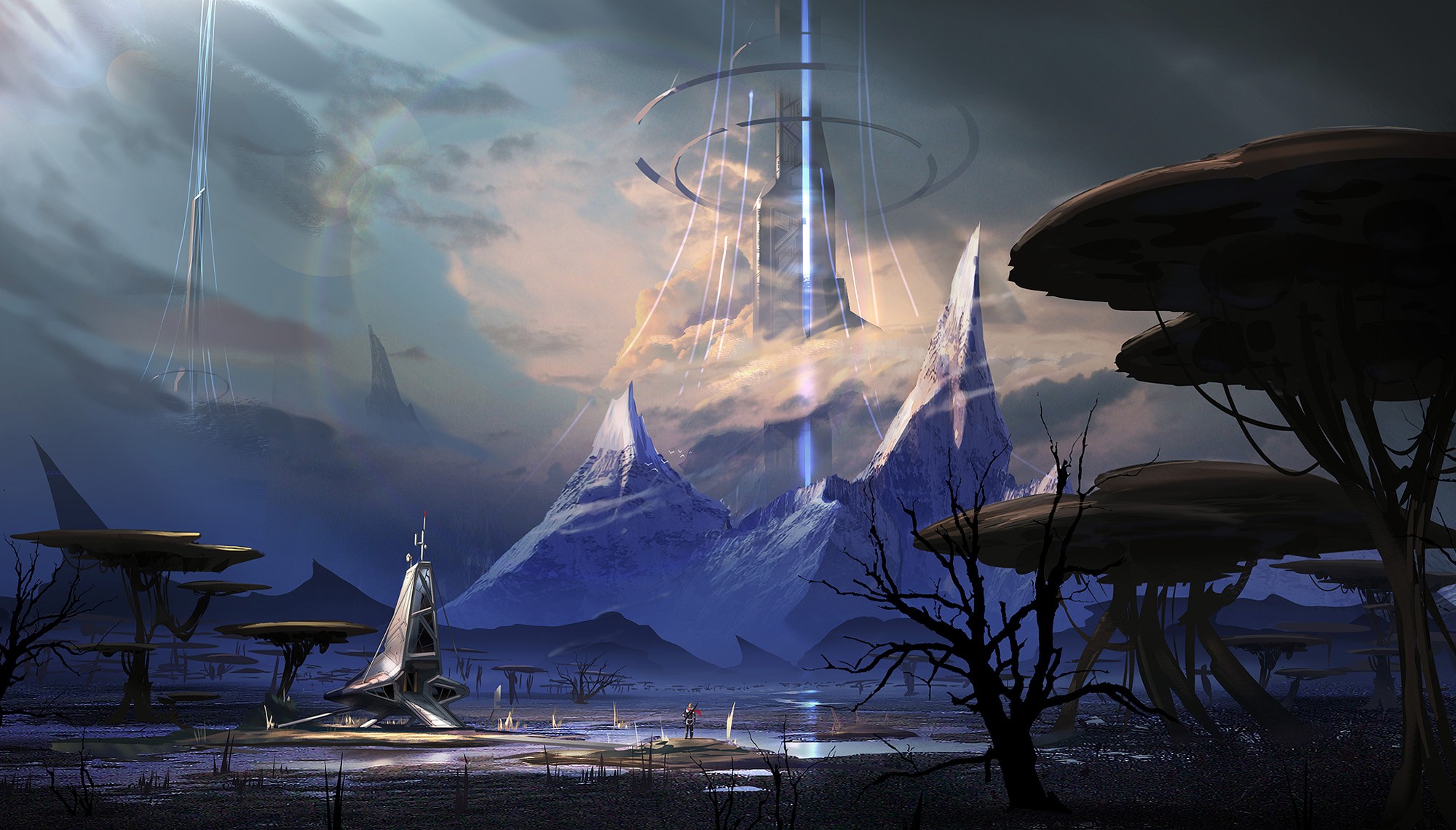 Futuristic alien landscape with strange trees and mountains HD Wallpaper