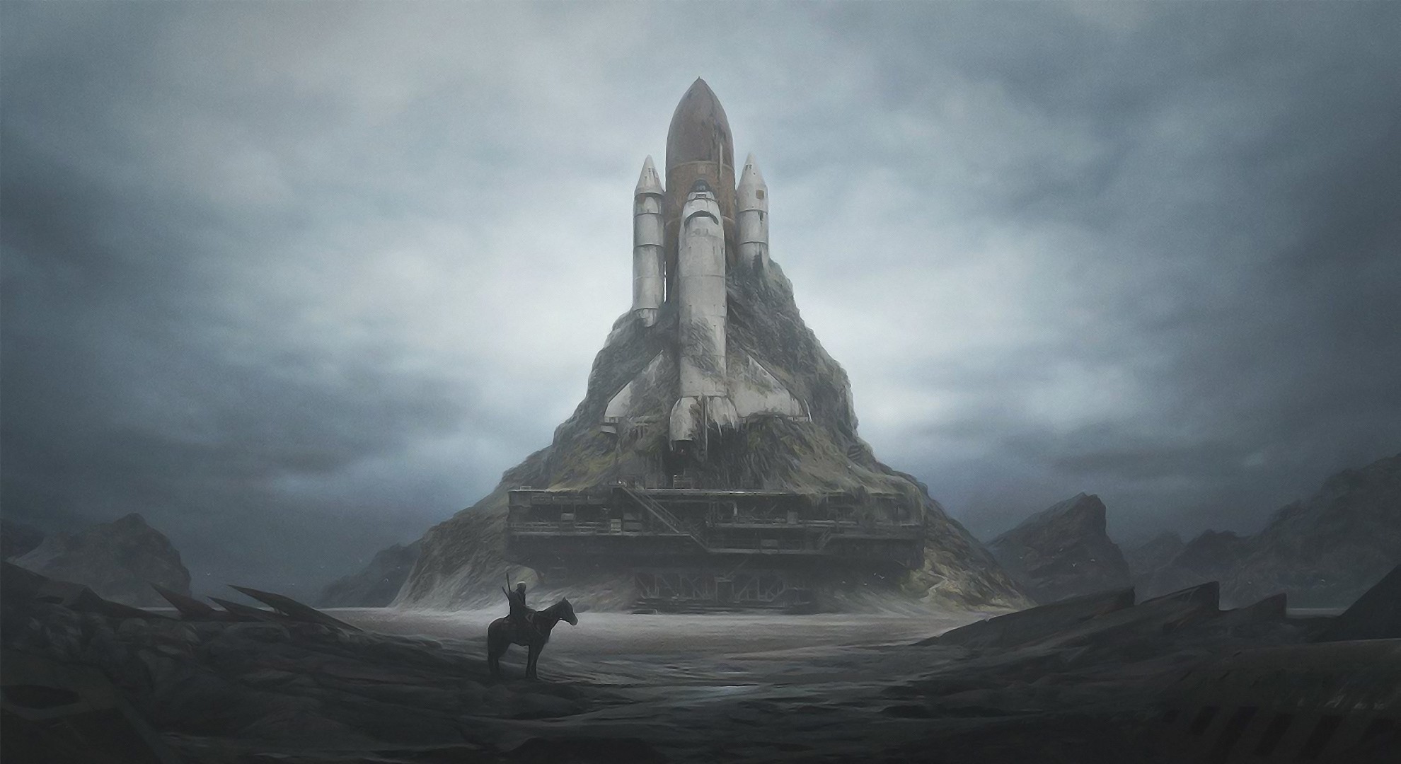 A lone rider on horseback faces a colossal, derelict spaceship embedded in a rocky mountain. HD Wallpaper