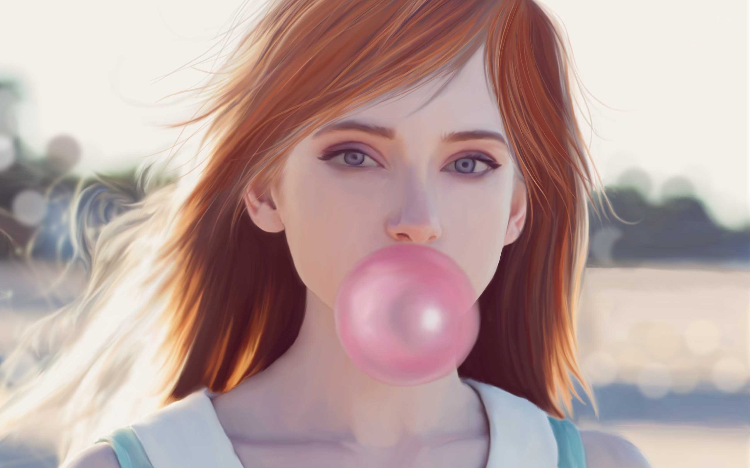 Artwork of a woman blowing bubble gum HD Wallpaper