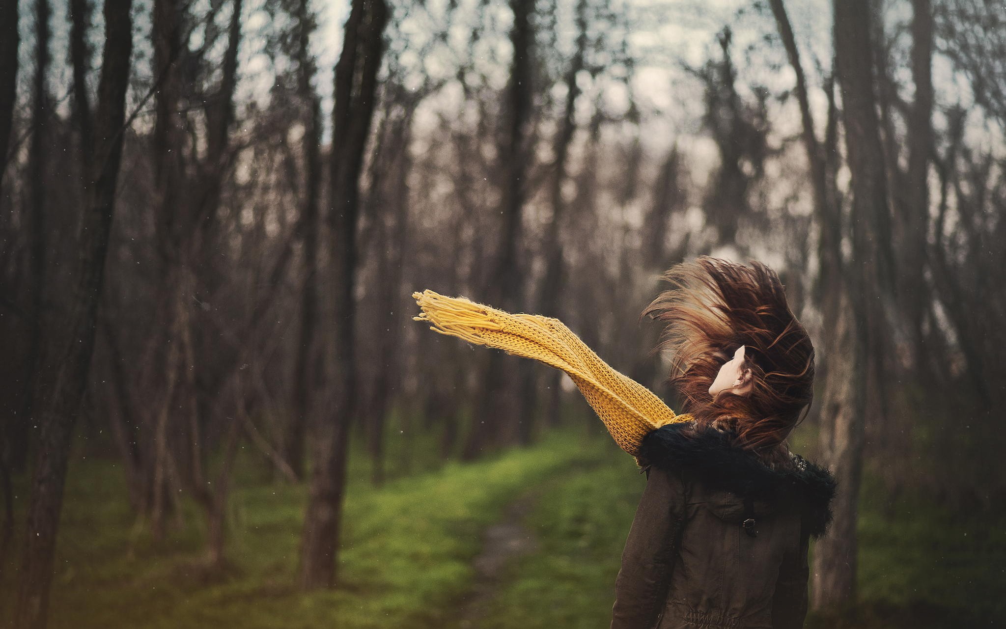 Woman with yellow scarf in a forest HD Wallpaper