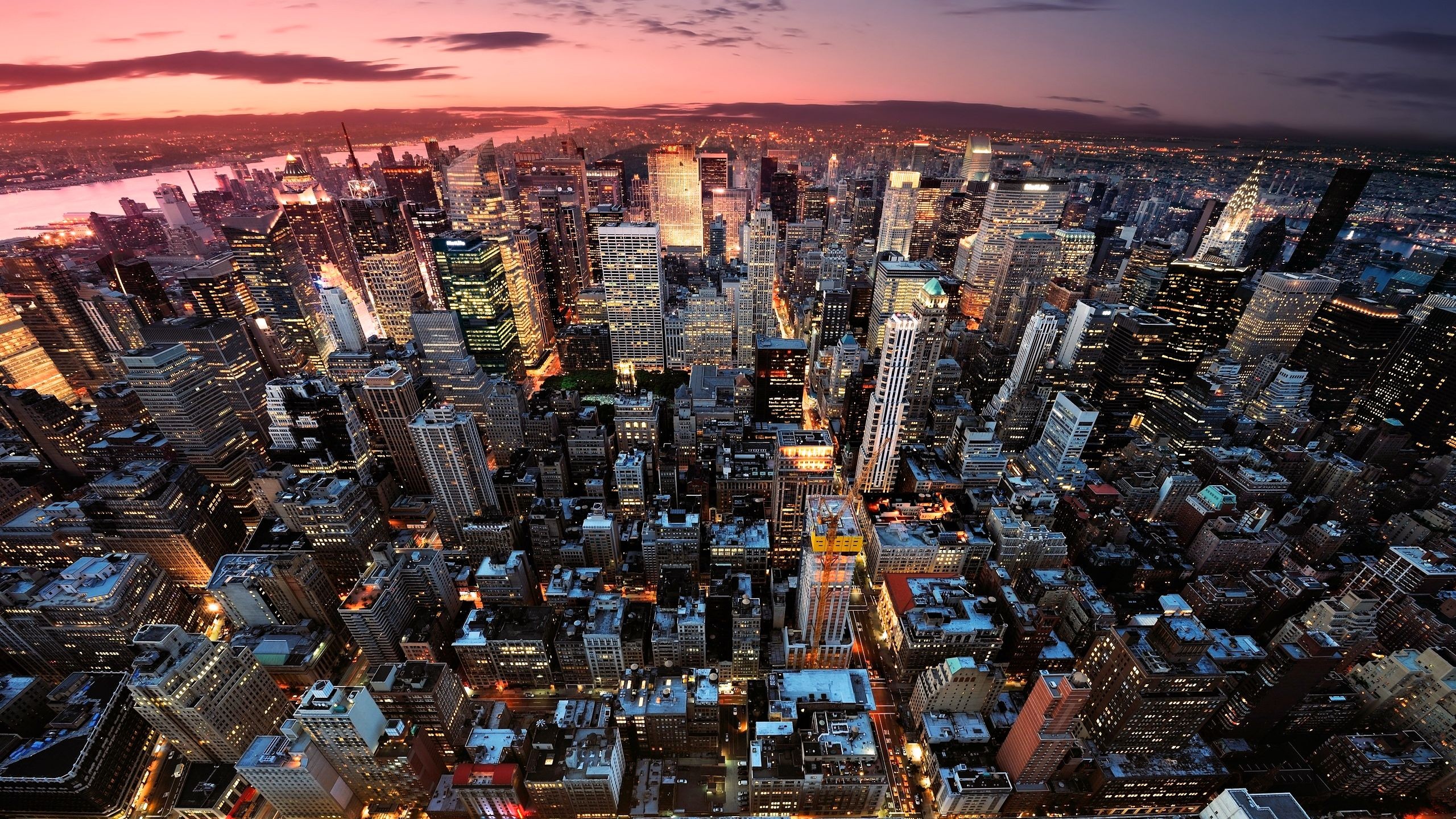 Aerial view of New York City cityscape at sunset HD Wallpaper