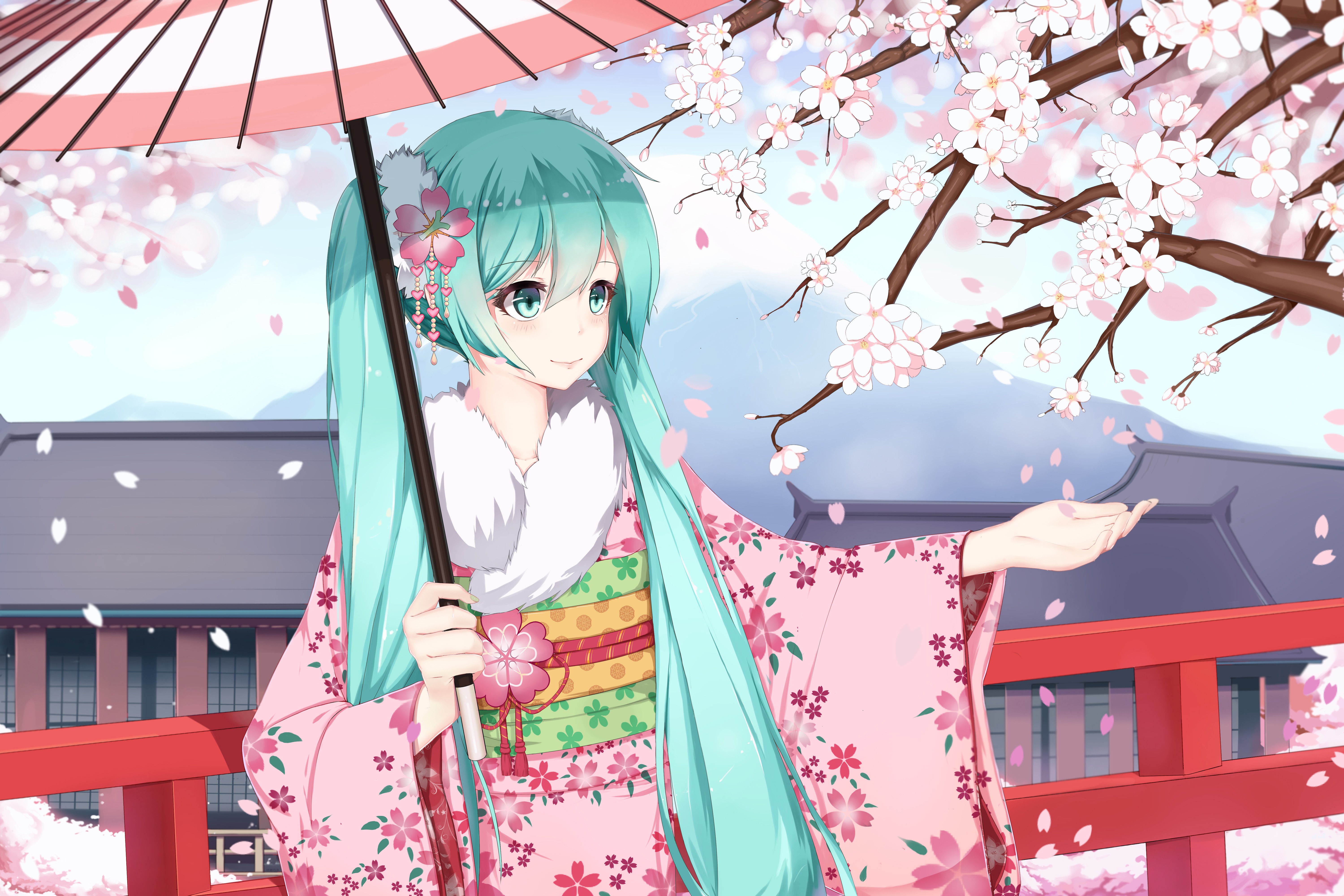 anime girls, long hair, Hatsune Miku, cherry blossom, Vocaloid HD Wallpaper