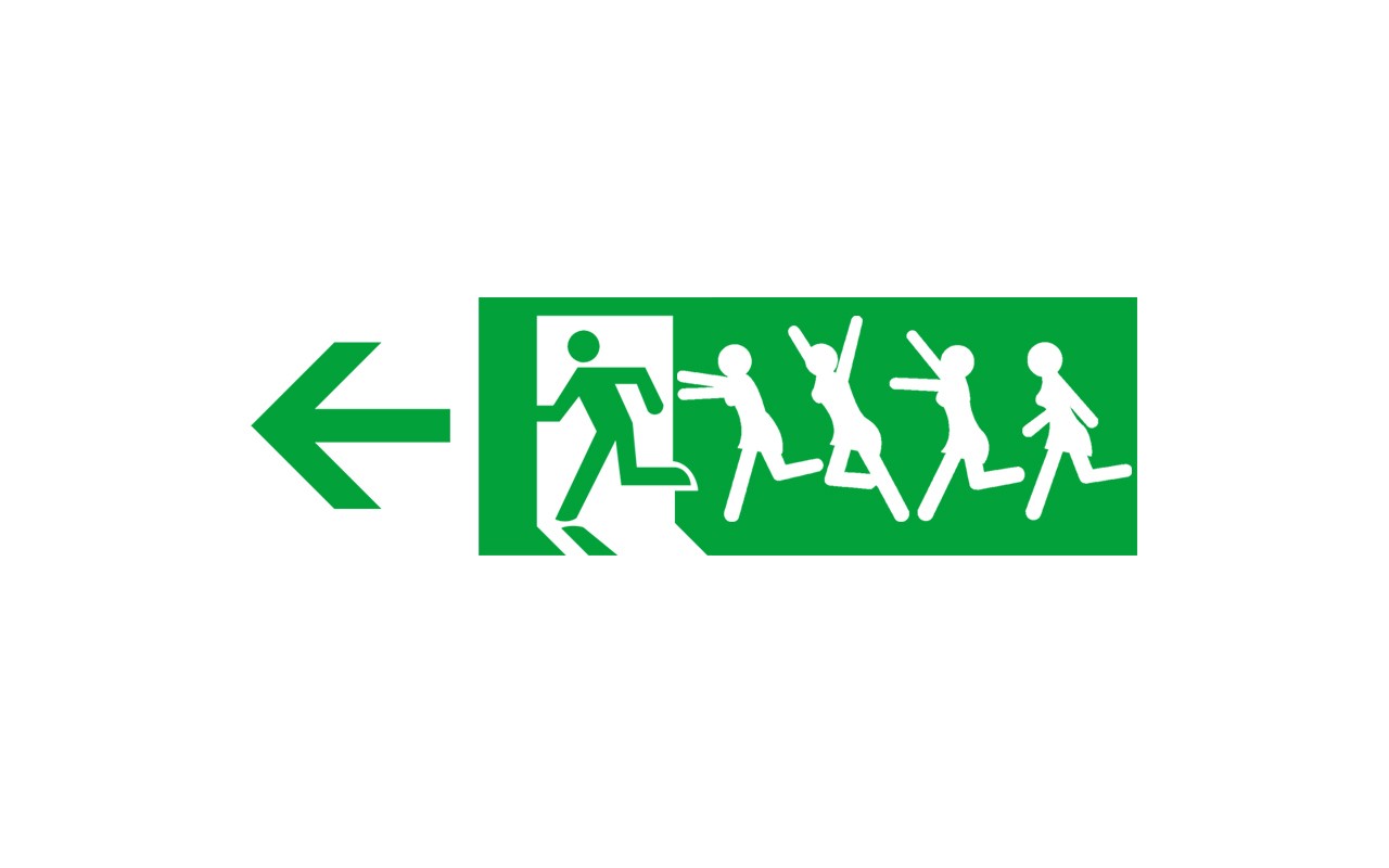 Green exit sign with people running through a door HD Wallpaper