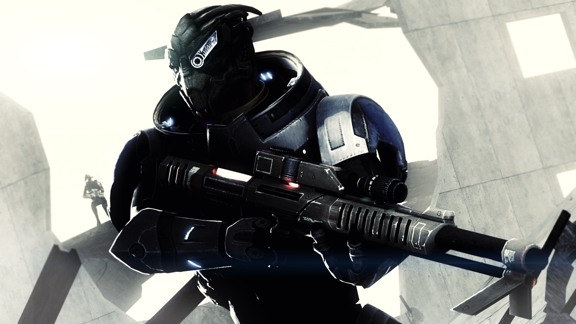 Mass Effect soldier with rifle in destroyed environment HD Wallpaper