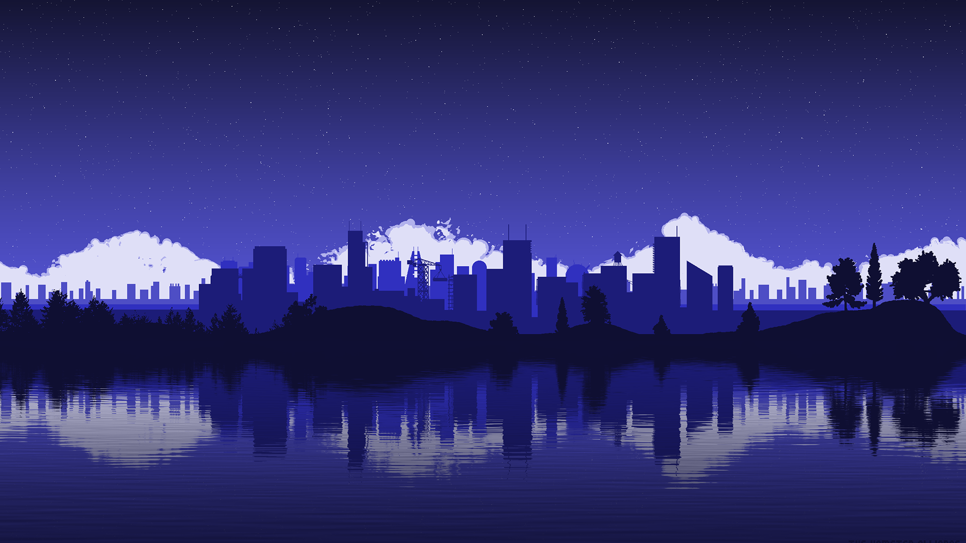 Minimalist cityscape silhouette over water at night HD Wallpaper