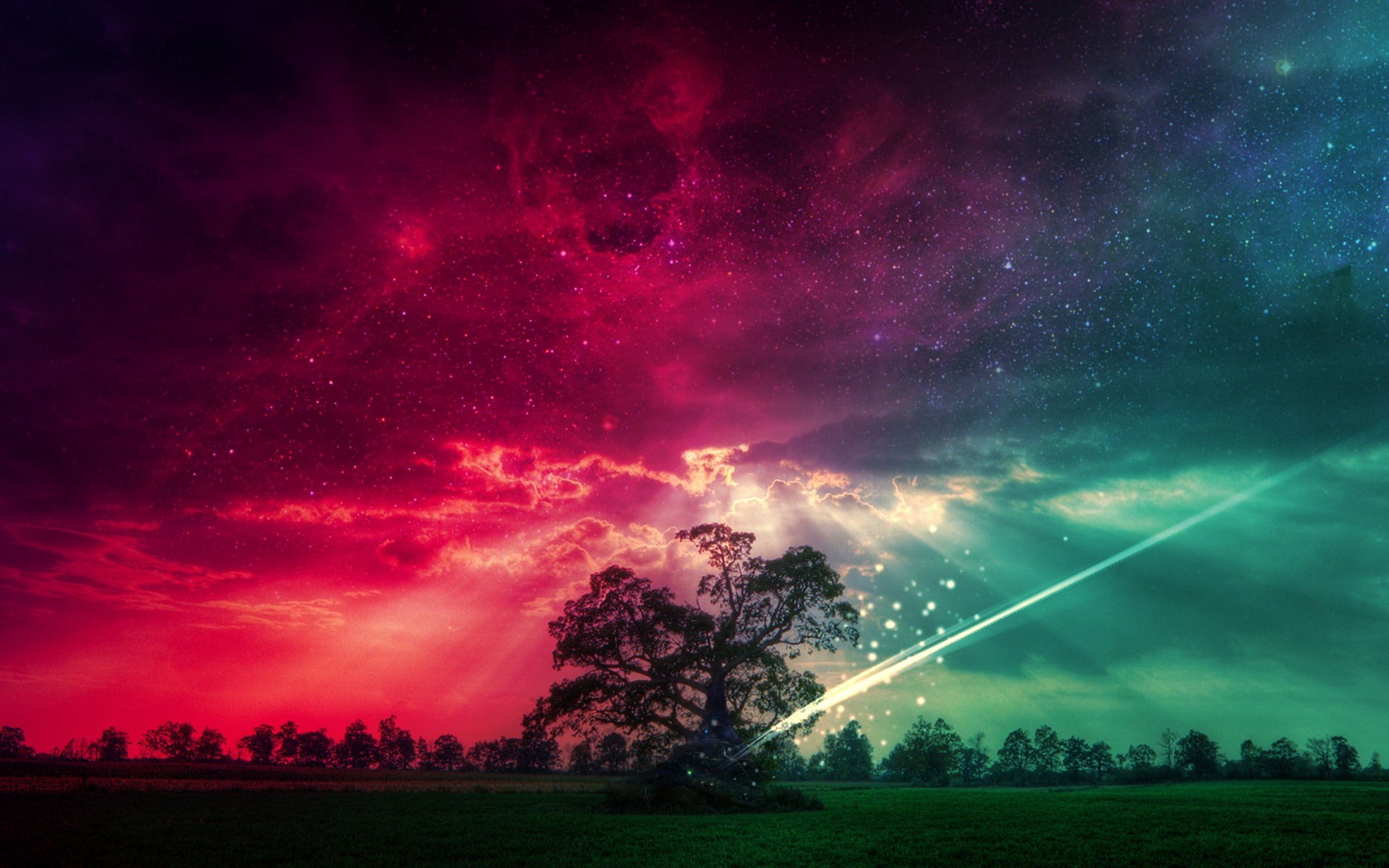 Fantasy art landscape with a lone tree under a colorful sky HD Wallpaper