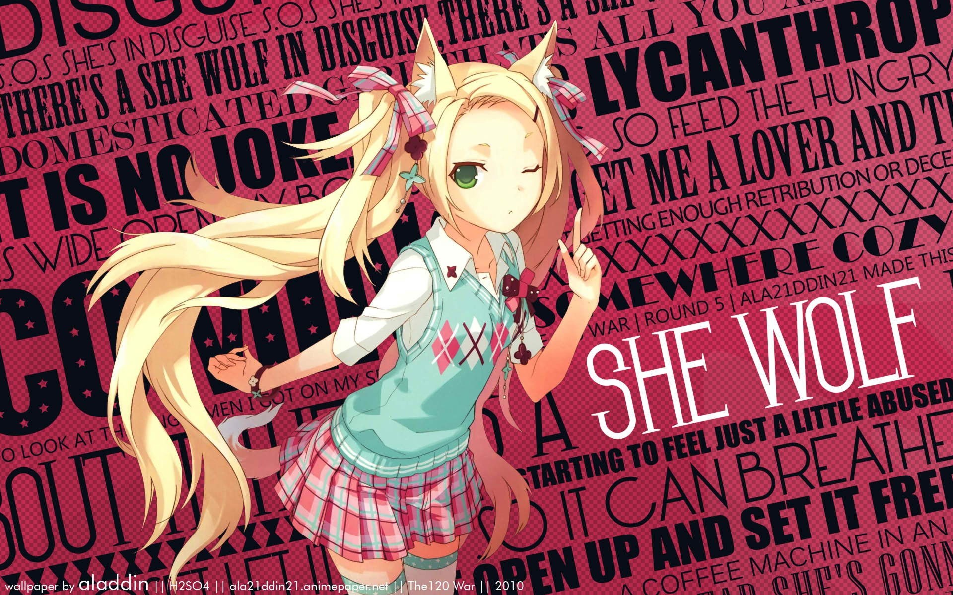 Anime girl with wolf ears and text background HD Wallpaper