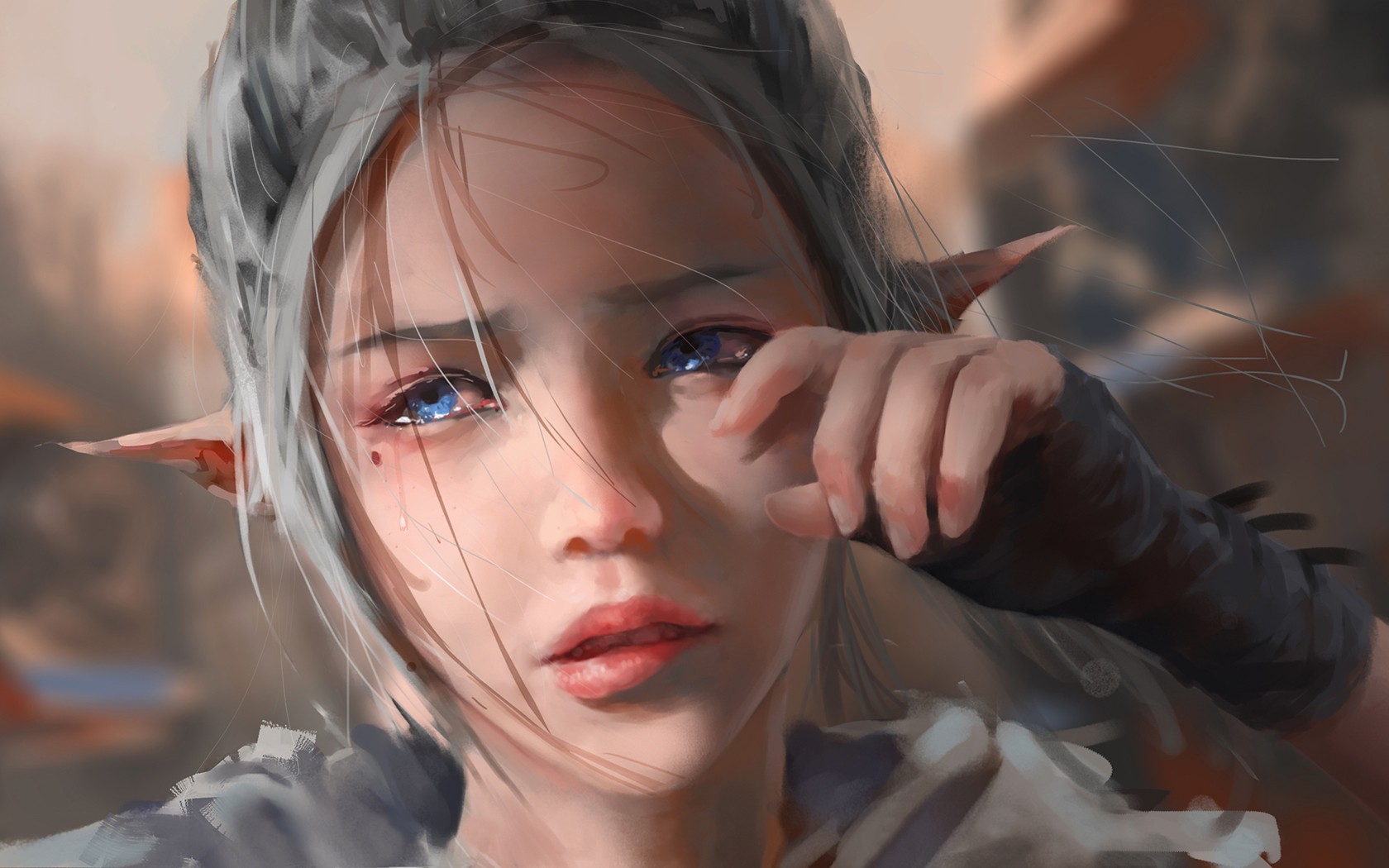 Fantasy art painting of a crying elf with blue eyes HD Wallpaper