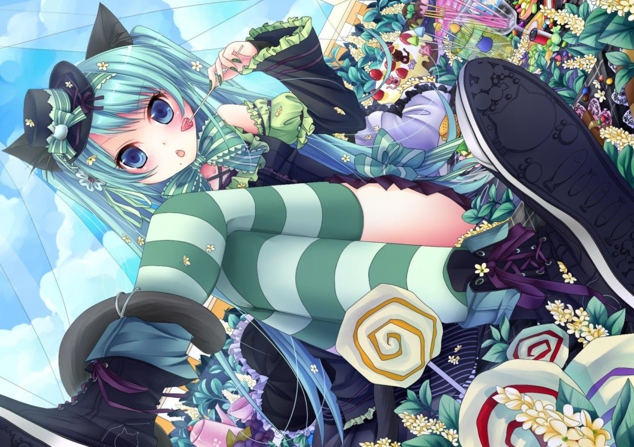 Anime girl with blue hair and cat ears HD Wallpaper