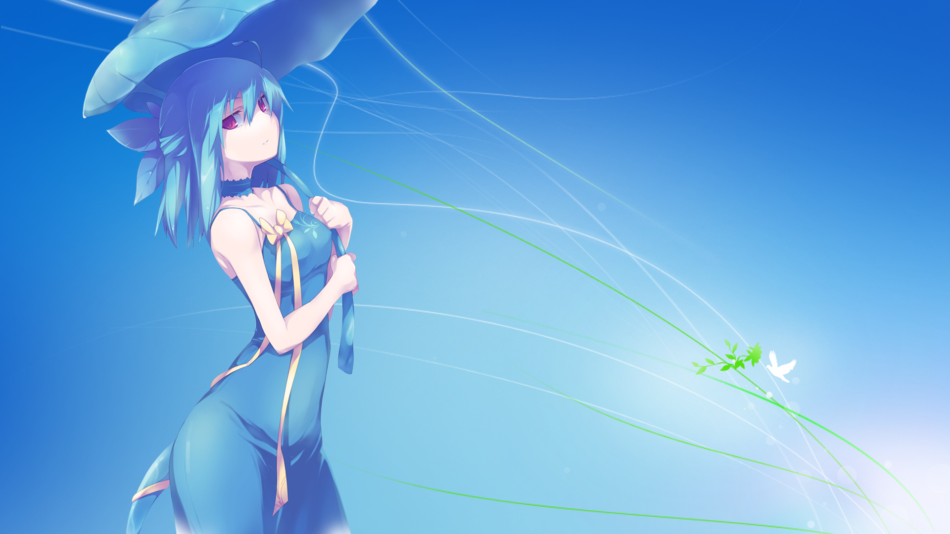 Anime girl with blue hair holding a leaf umbrella HD Wallpaper