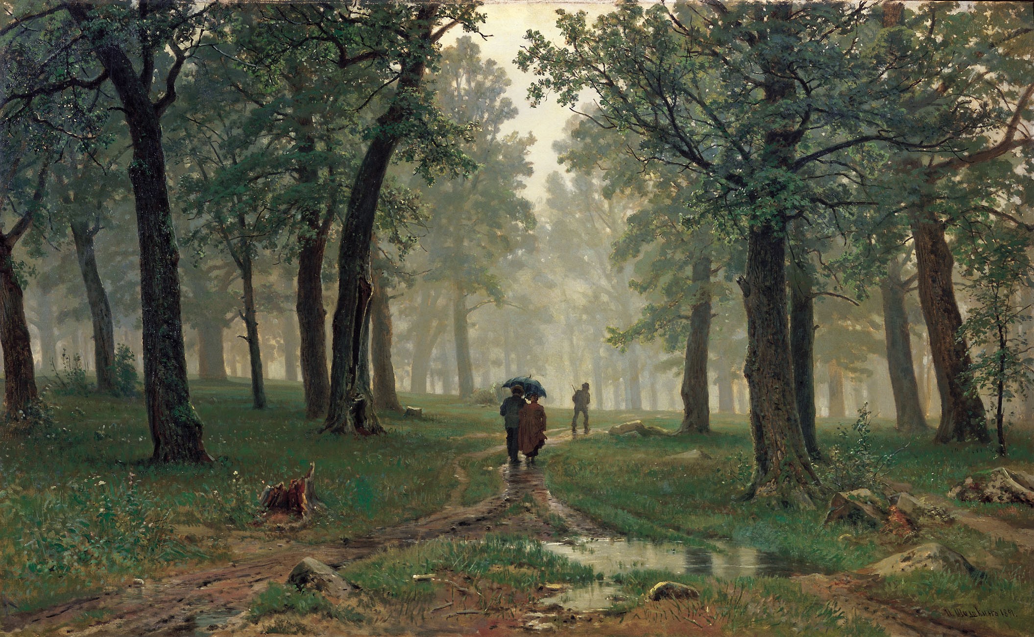 Painting of people walking in a misty forest HD Wallpaper