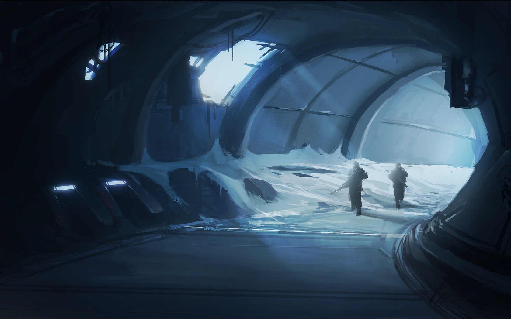 Two soldiers walk through a snowy, ruined hangar. HD Wallpaper