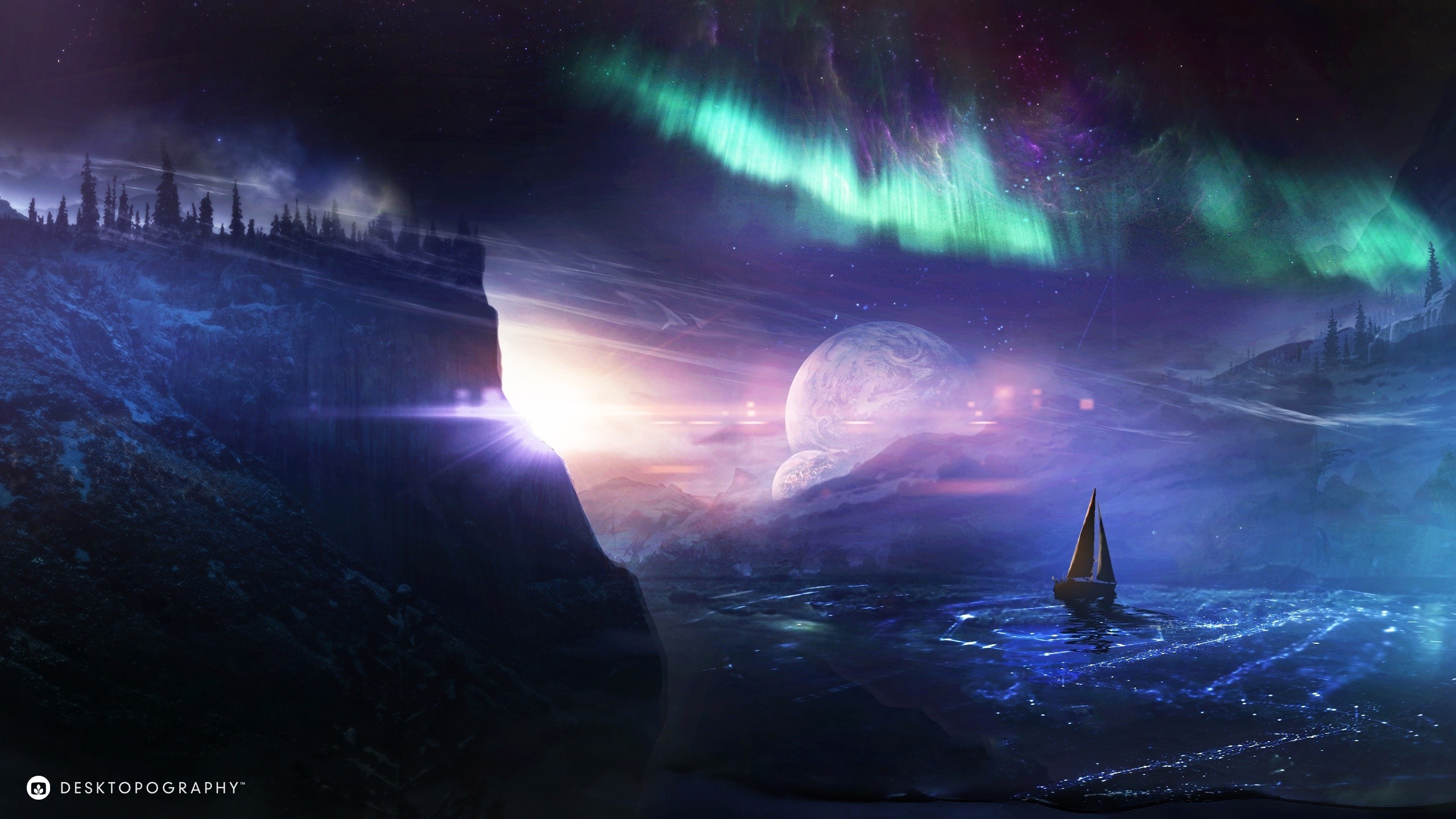 Fantasy landscape with aurora and planets HD Wallpaper