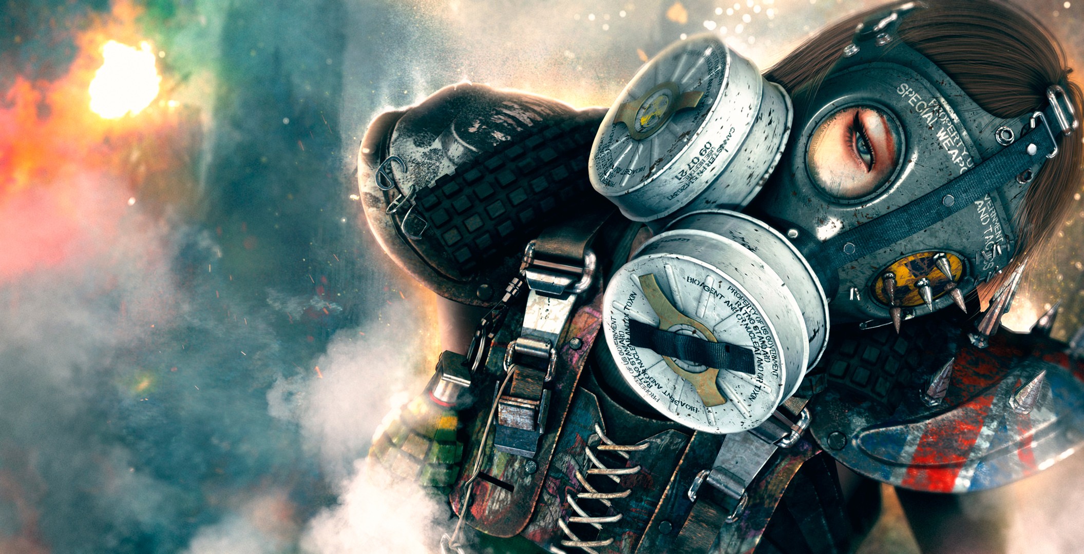 Woman with gas mask and shield in explosion HD Wallpaper