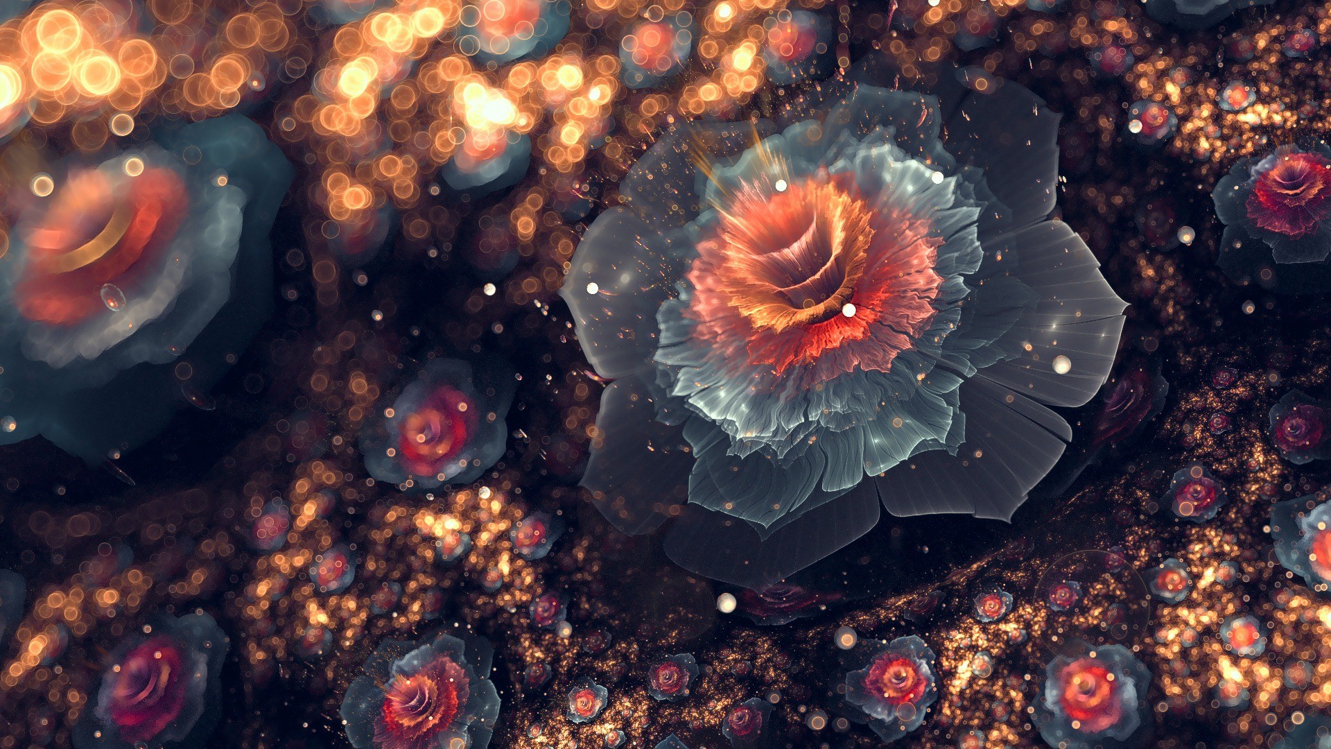 Abstract fractal flowers with bokeh and glowing petals HD Wallpaper