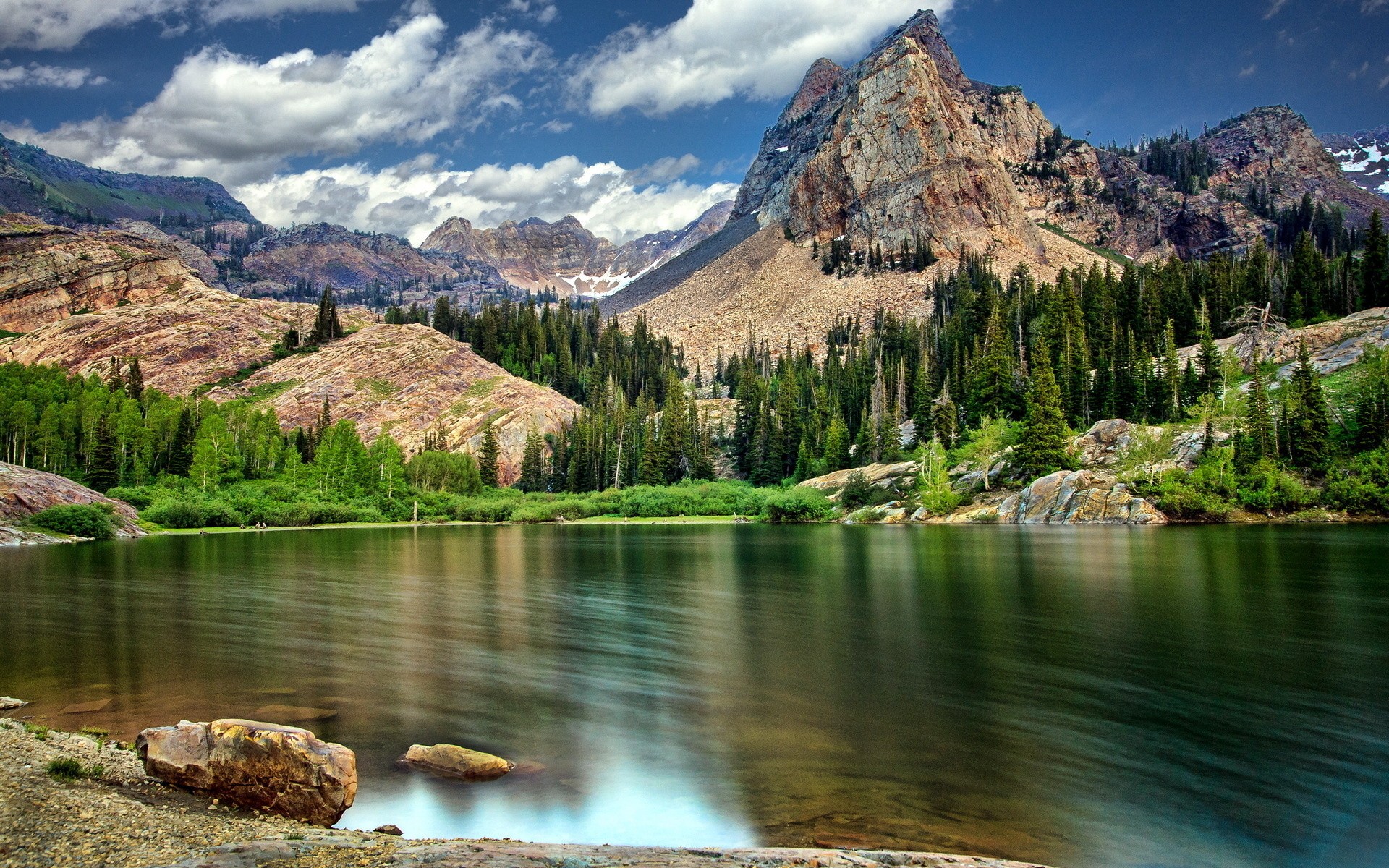 Mountain lake with pine trees and rocky slopes HD Wallpaper