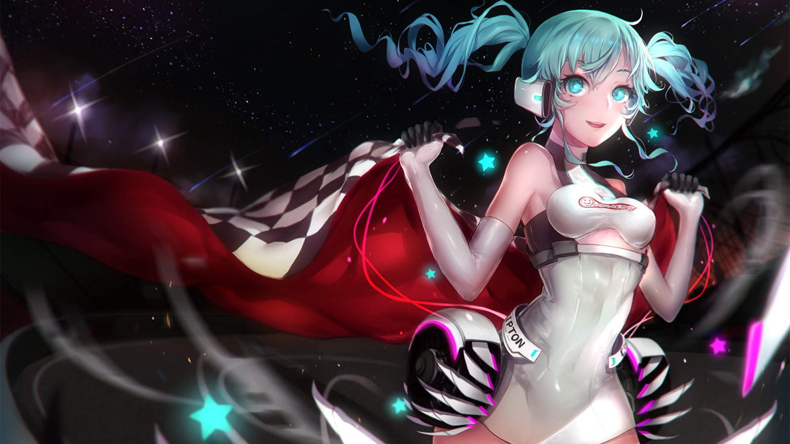 Hatsune Miku in a racing outfit holding a checkered flag HD Wallpaper
