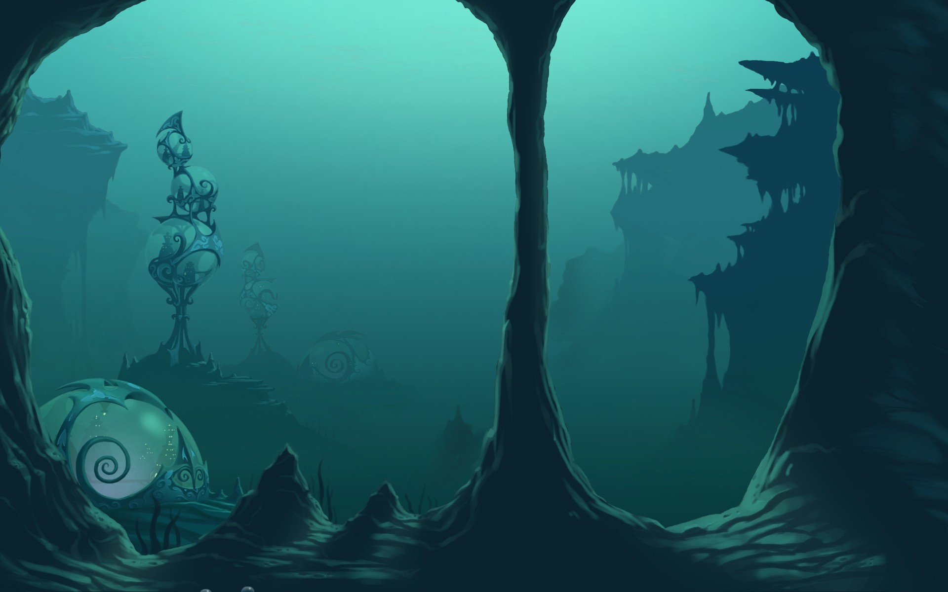 Fantasy underwater cave with glowing structures HD Wallpaper