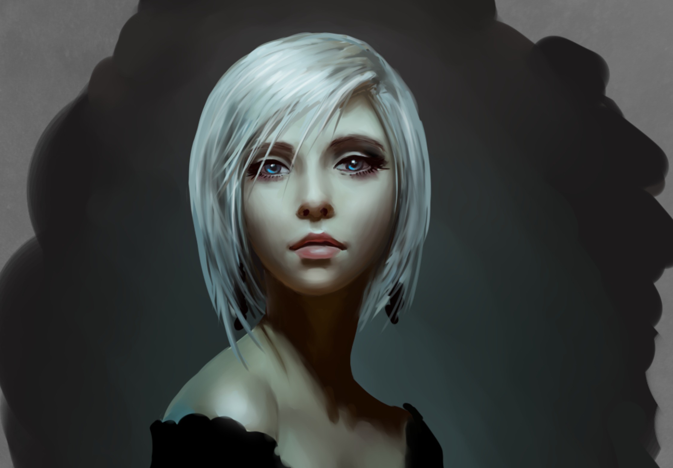 Artwork of a woman with white hair and blue eyes HD Wallpaper