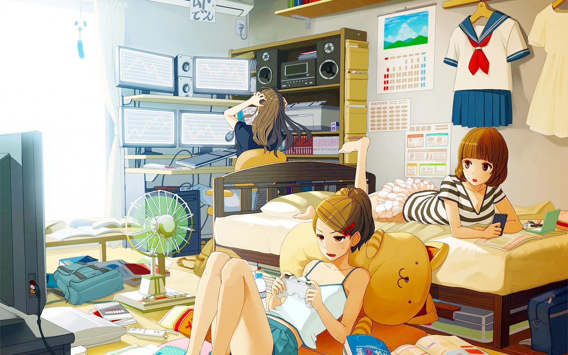 Three girls in a messy room with computers and beds HD Wallpaper