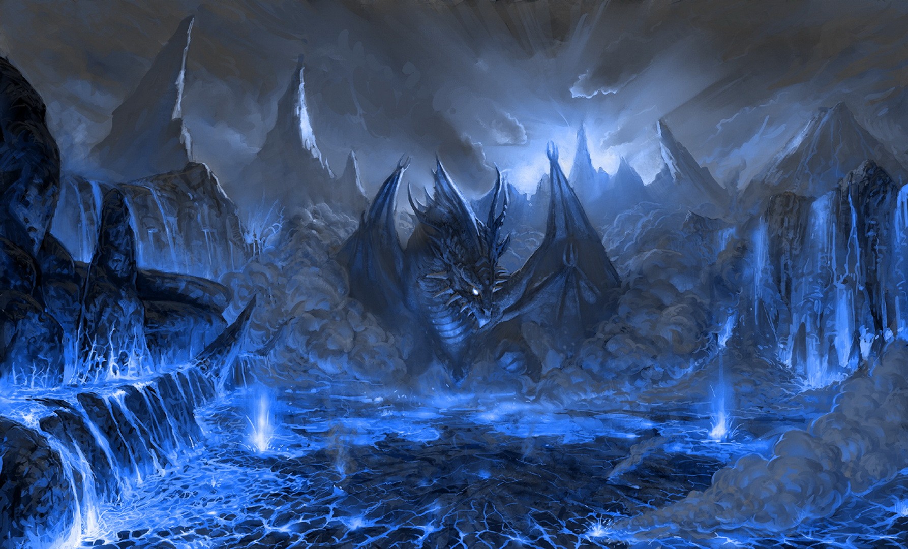 A fearsome dragon in a blue, rocky landscape HD Wallpaper