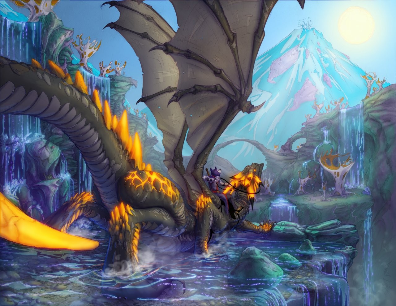 Dragon with rider in a fantasy landscape with waterfalls HD Wallpaper