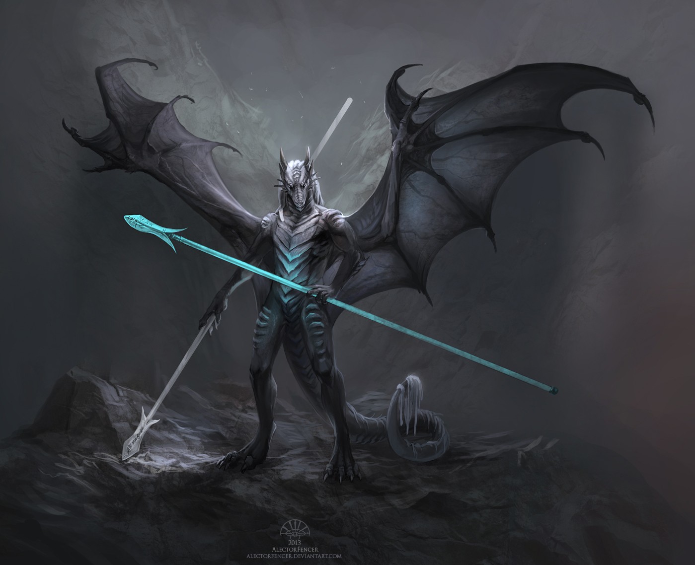 Dragon warrior with glowing spear in dark cave HD Wallpaper