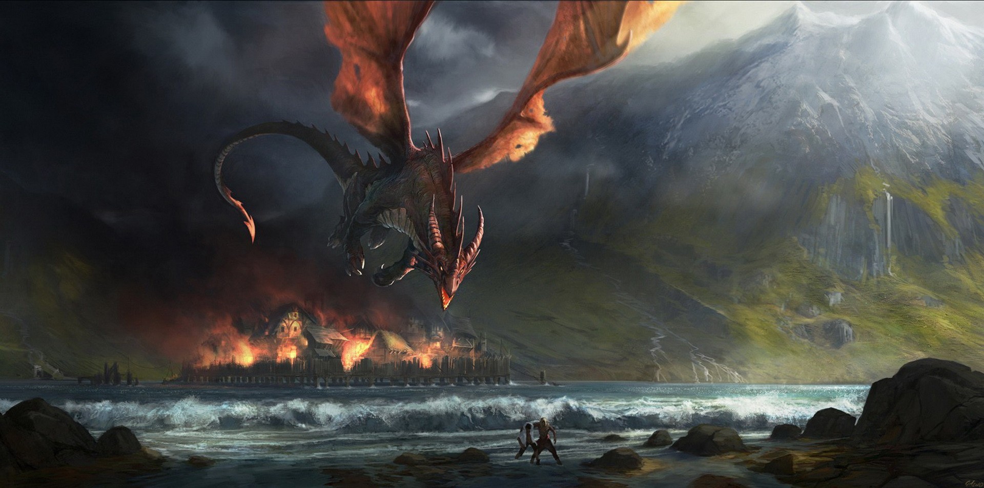 Dragon attacking a burning village by the sea HD Wallpaper