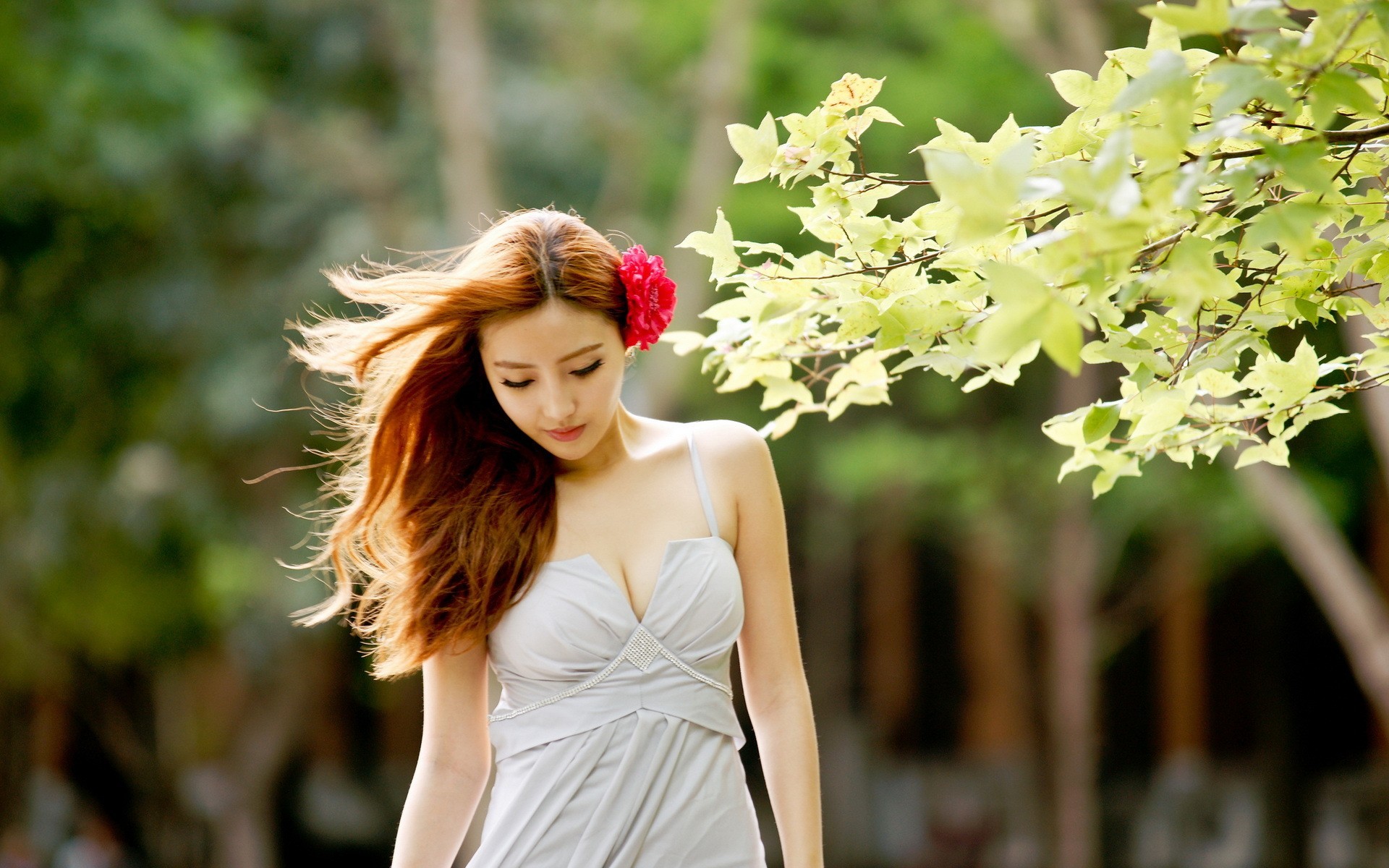 Asian woman with red flower in hair outdoors HD Wallpaper