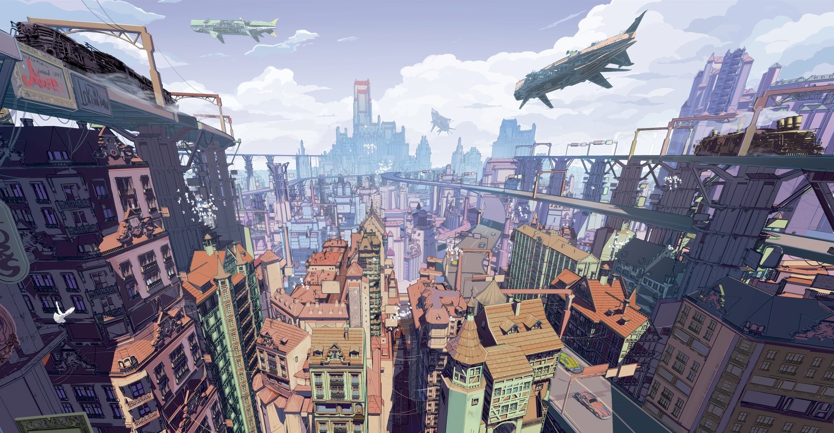 Science fiction city with flying vehicles and trains HD Wallpaper