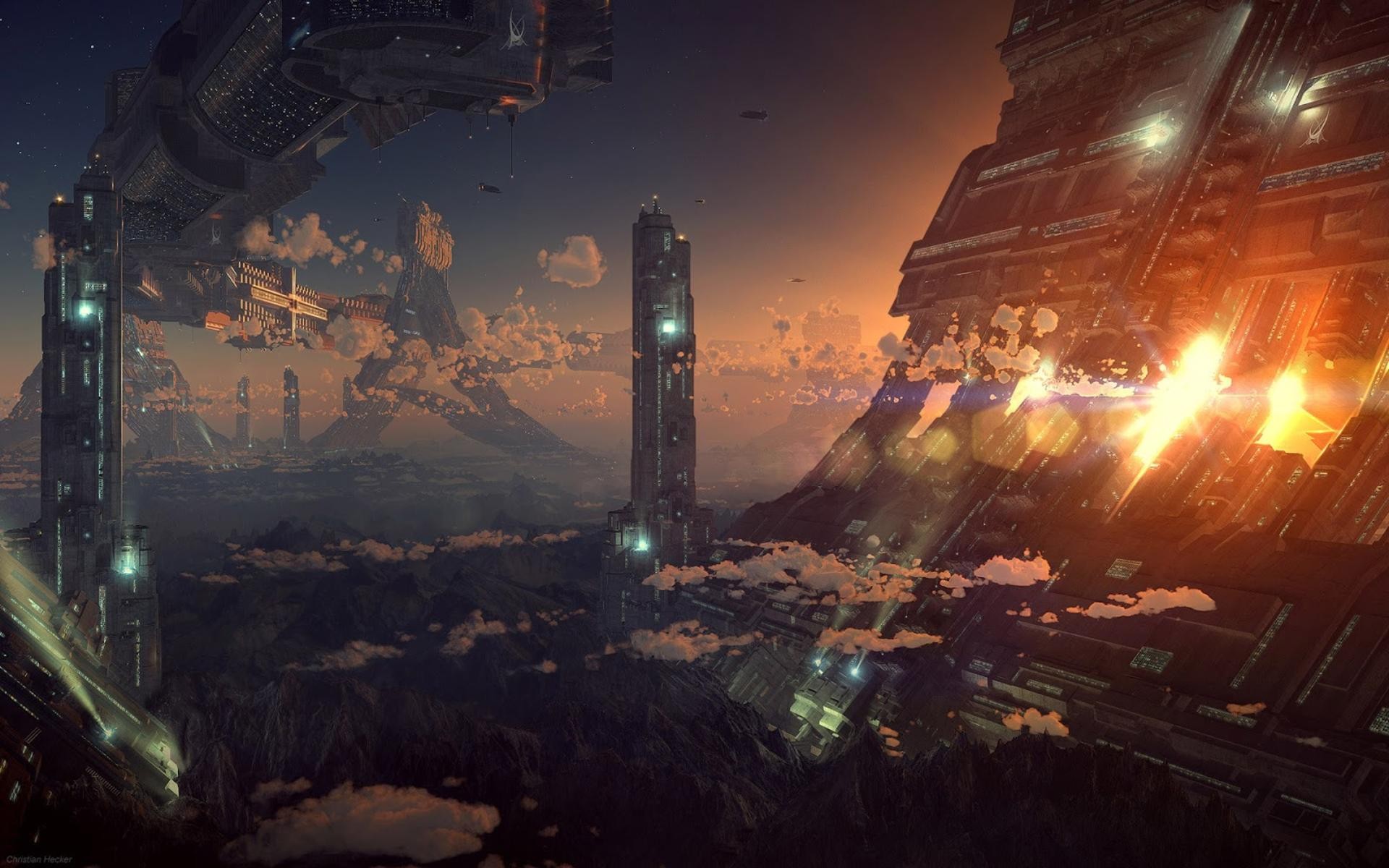 Science fiction artwork of futuristic cityscapes HD Wallpaper