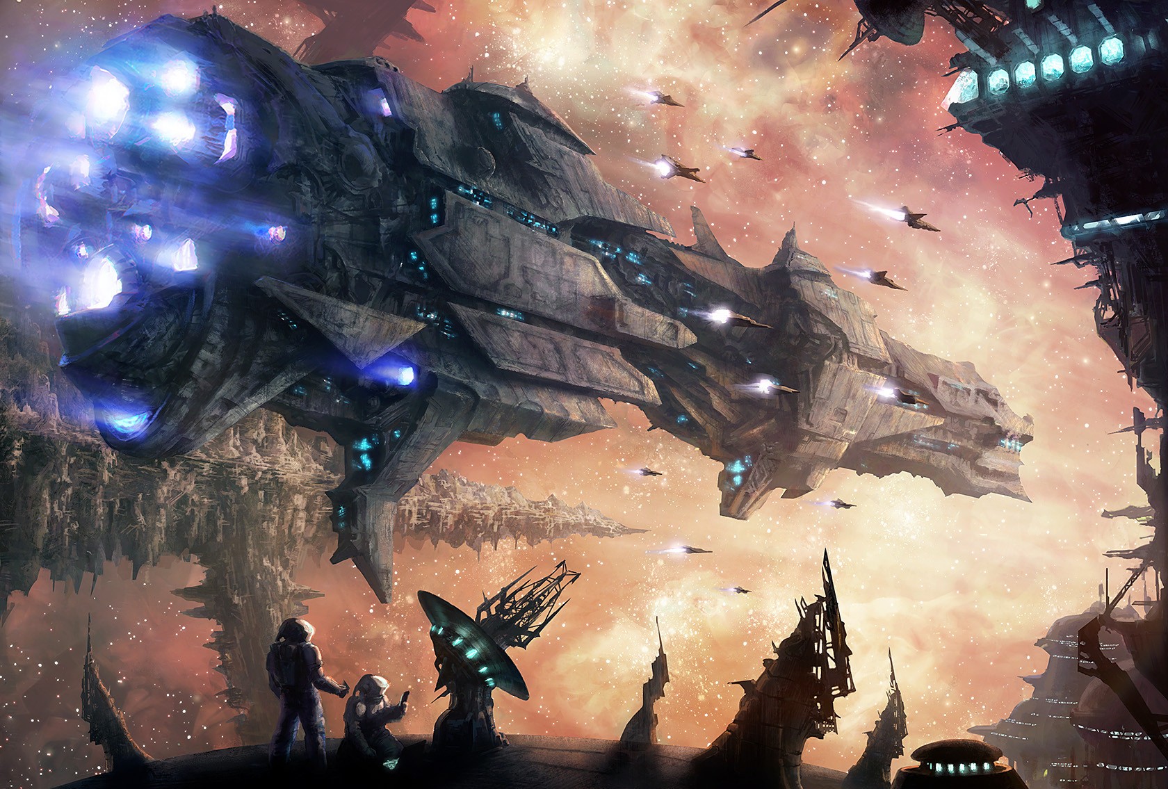 Massive alien spaceship in a nebula with smaller ships HD Wallpaper