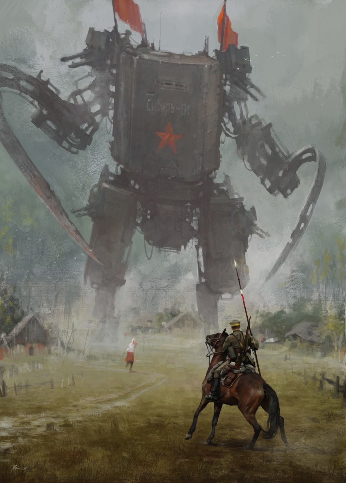Giant Soviet Mech in a Village with Soldier on Horseback HD Wallpaper