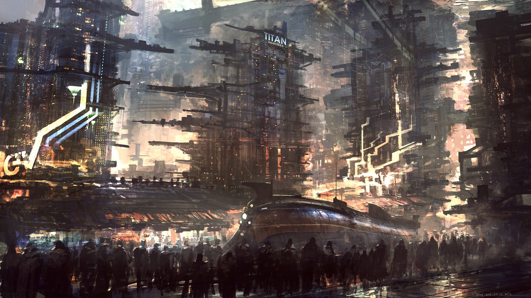 Science fiction city with Titan building and train HD Wallpaper