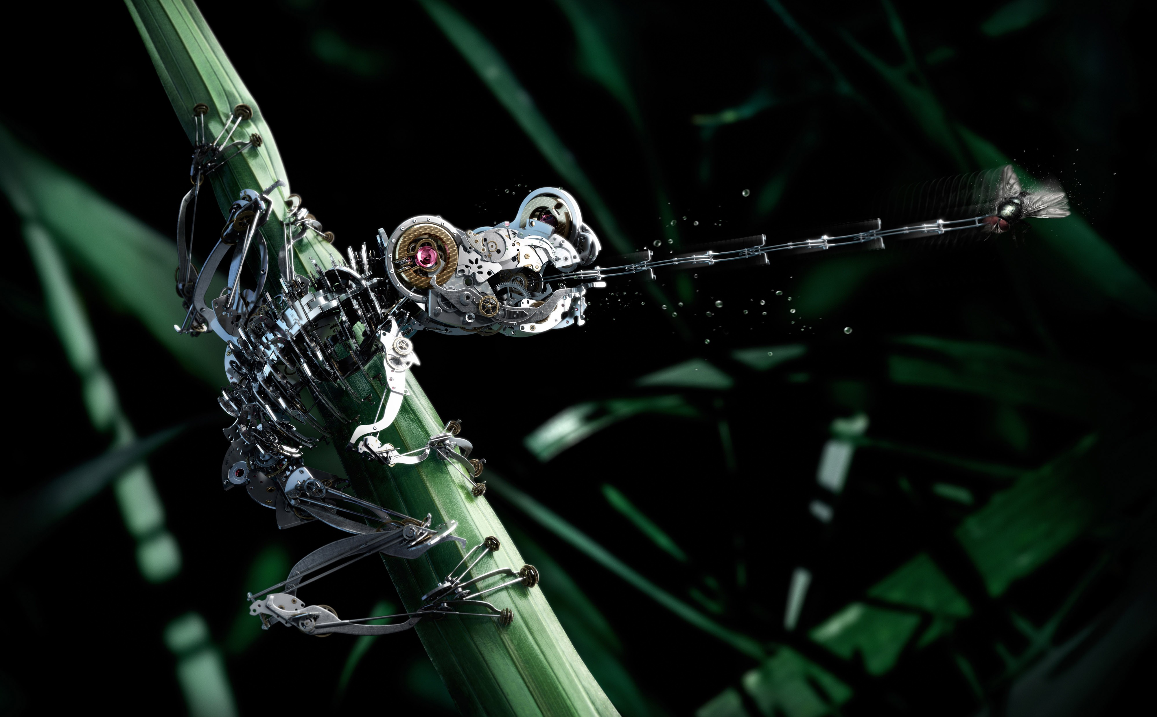 Mechanical frog with extended tongue catching a fly HD Wallpaper
