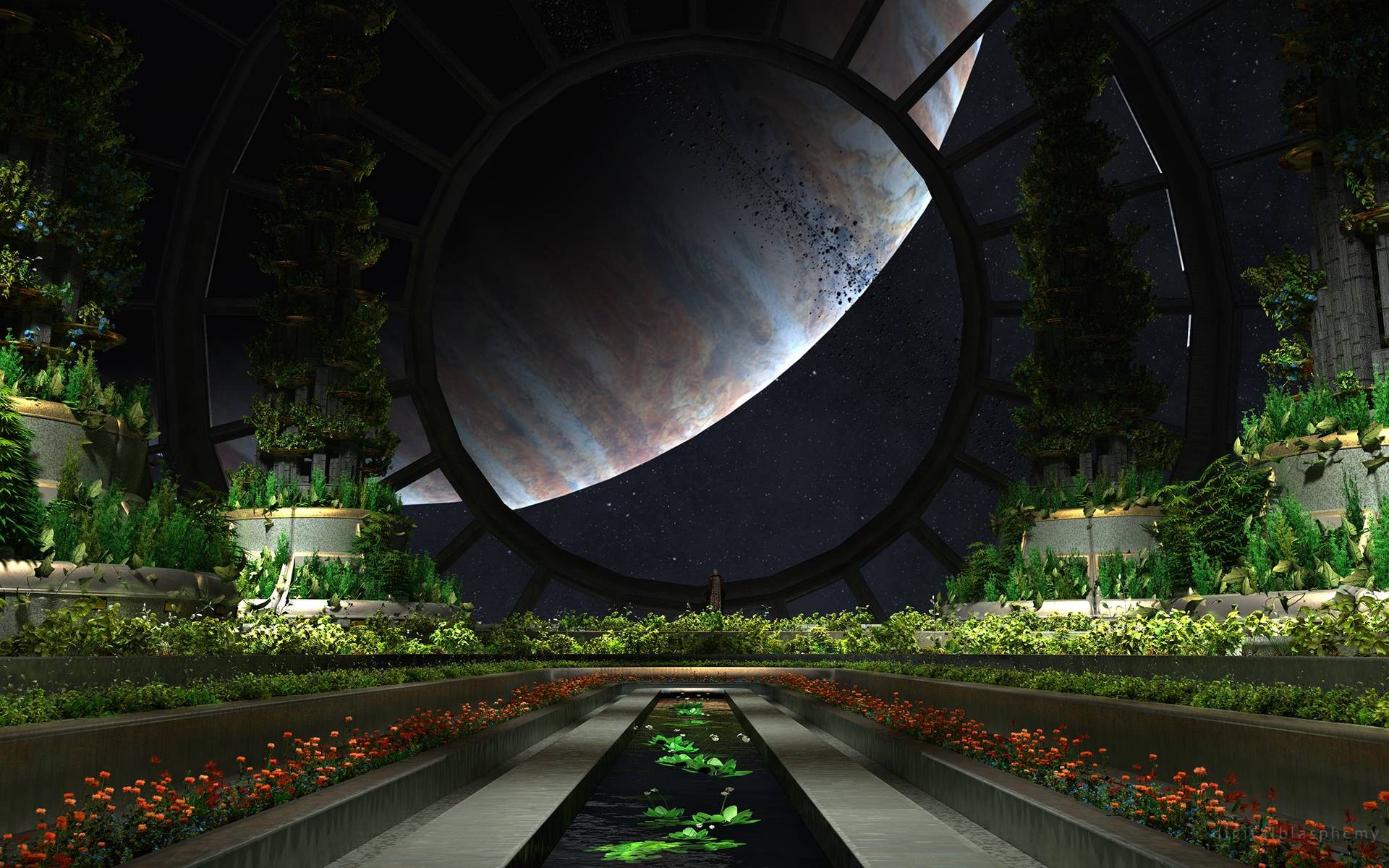 Science fiction artwork of a futuristic garden overlooking a planet HD Wallpaper