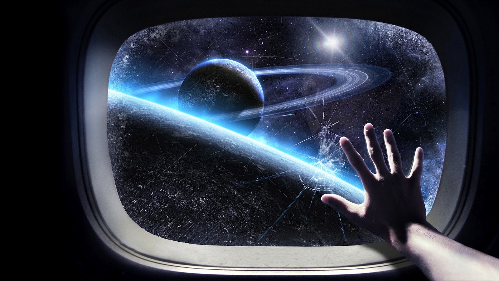 Hand reaching towards a cracked window showing a planet in space HD Wallpaper