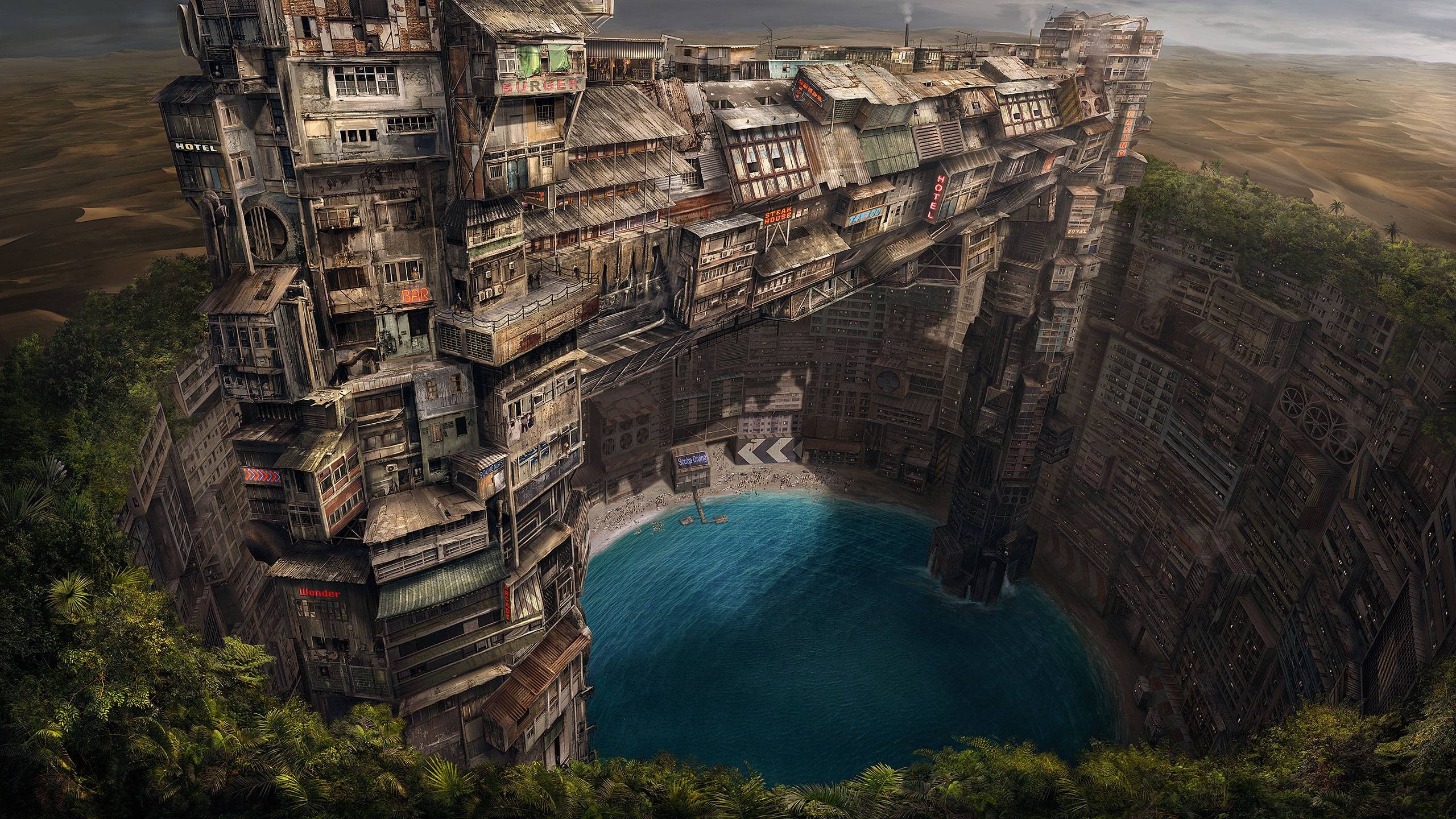 Artwork of a dystopian city built into a cliff face HD Wallpaper