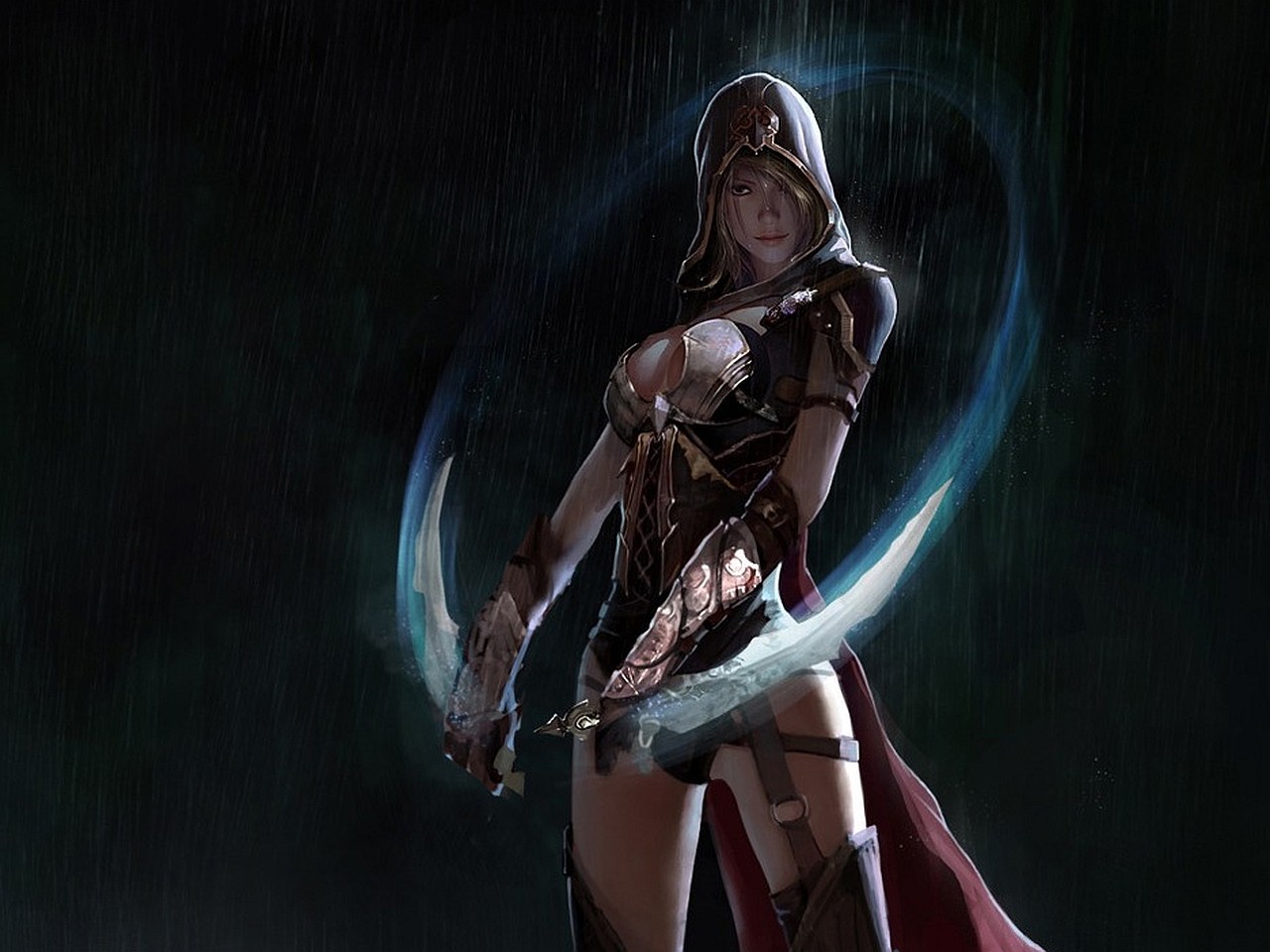 Fantasy warrior woman with hood and daggers in rain HD Wallpaper