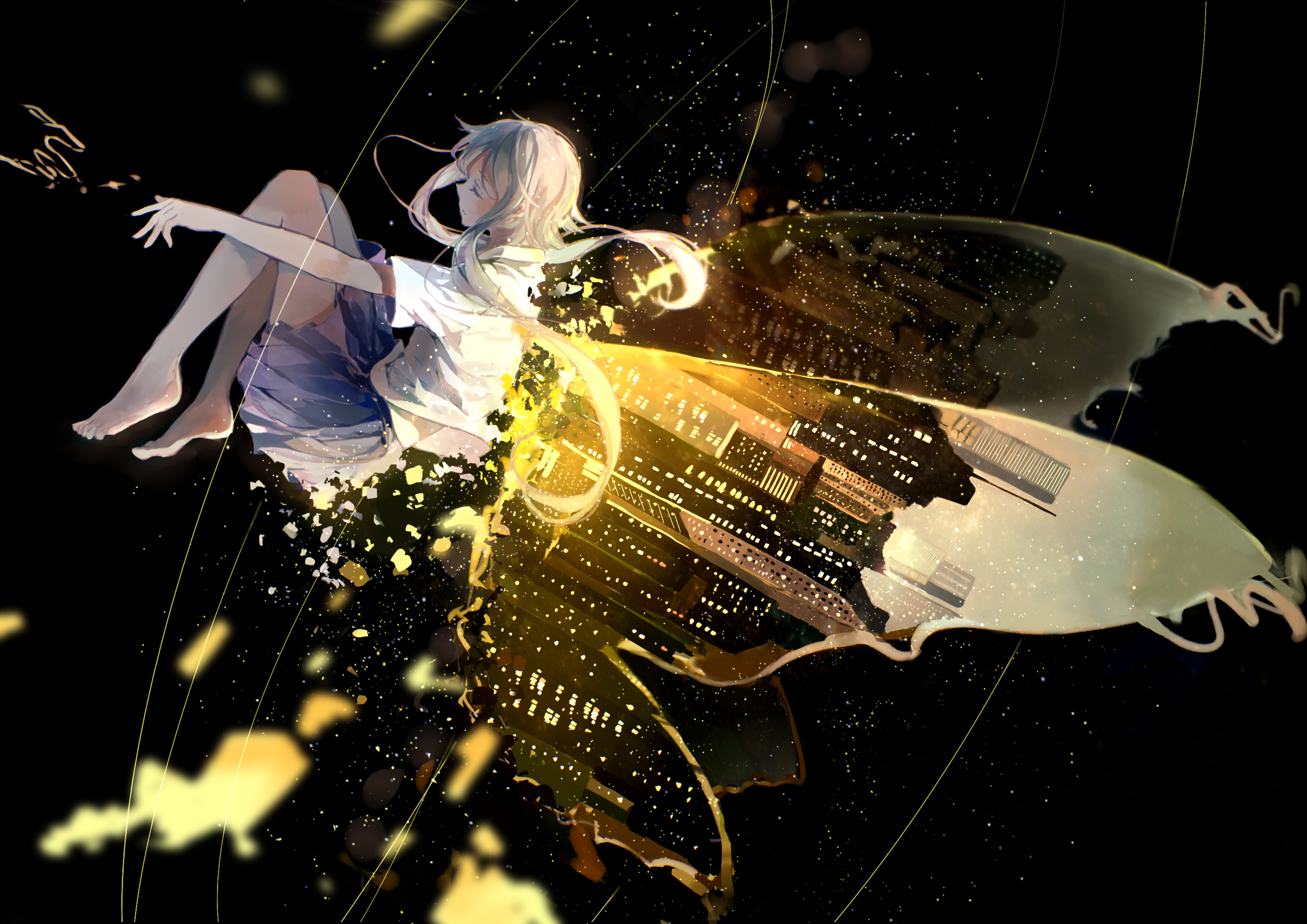 Hatsune Miku with butterfly wings made of city lights HD Wallpaper