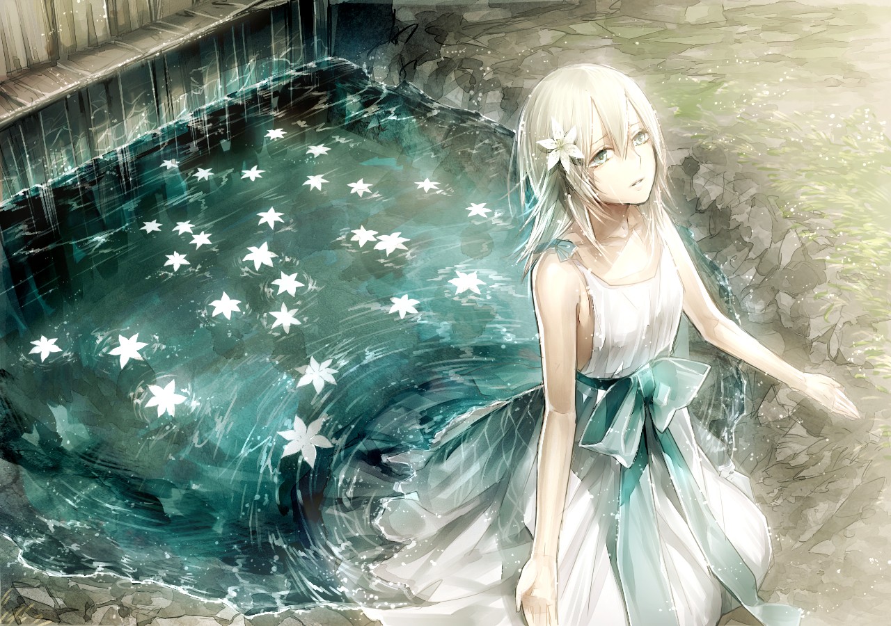 Yonah from NieR with white flowers in water HD Wallpaper