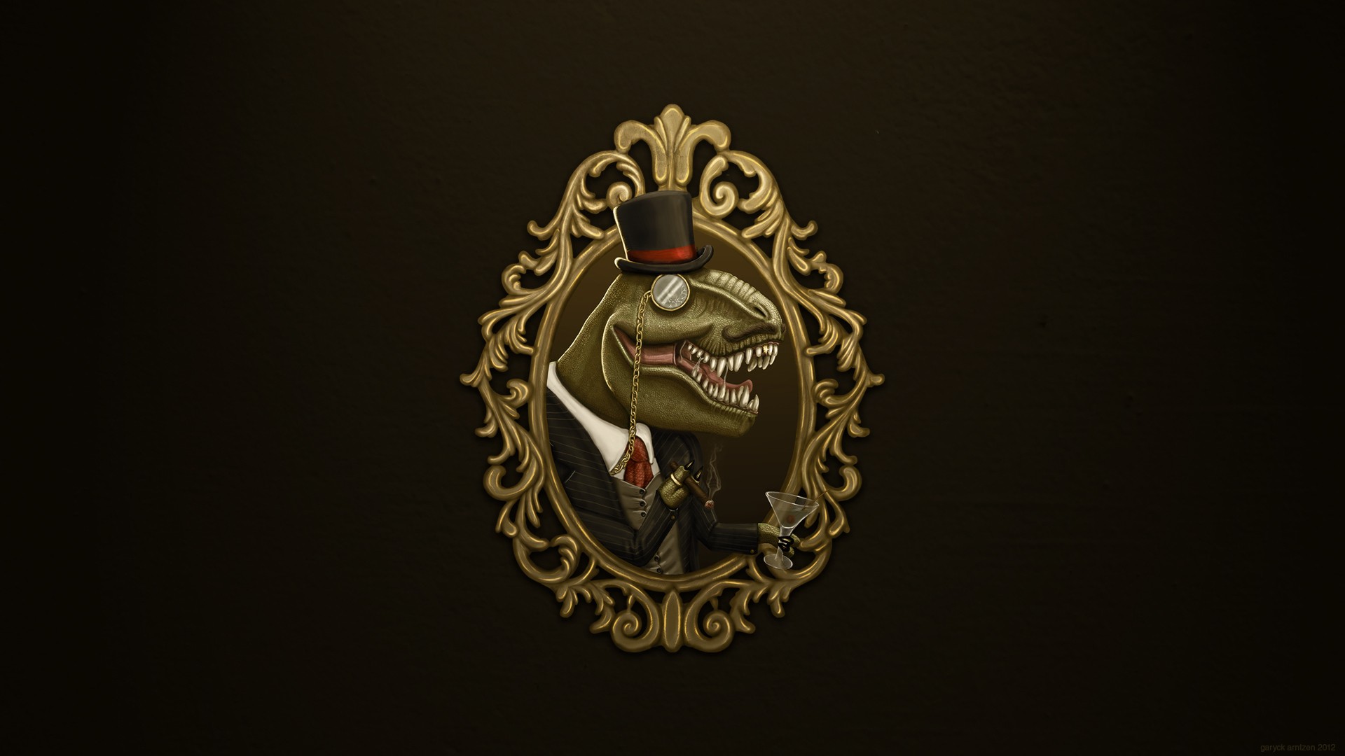 T-Rex in a suit with a top hat and monocle HD Wallpaper