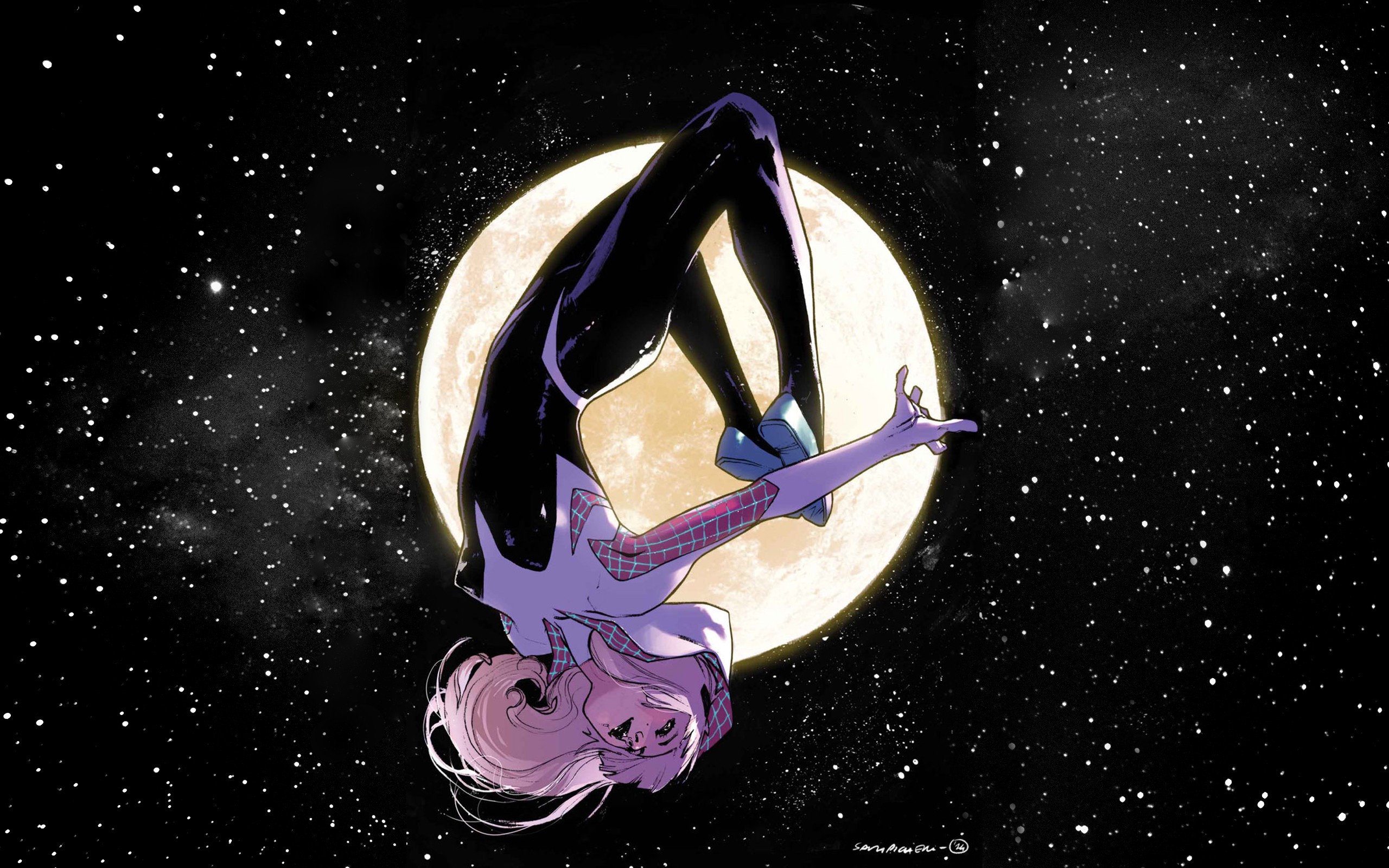 Spider-Gwen hanging upside down in front of the moon HD Wallpaper